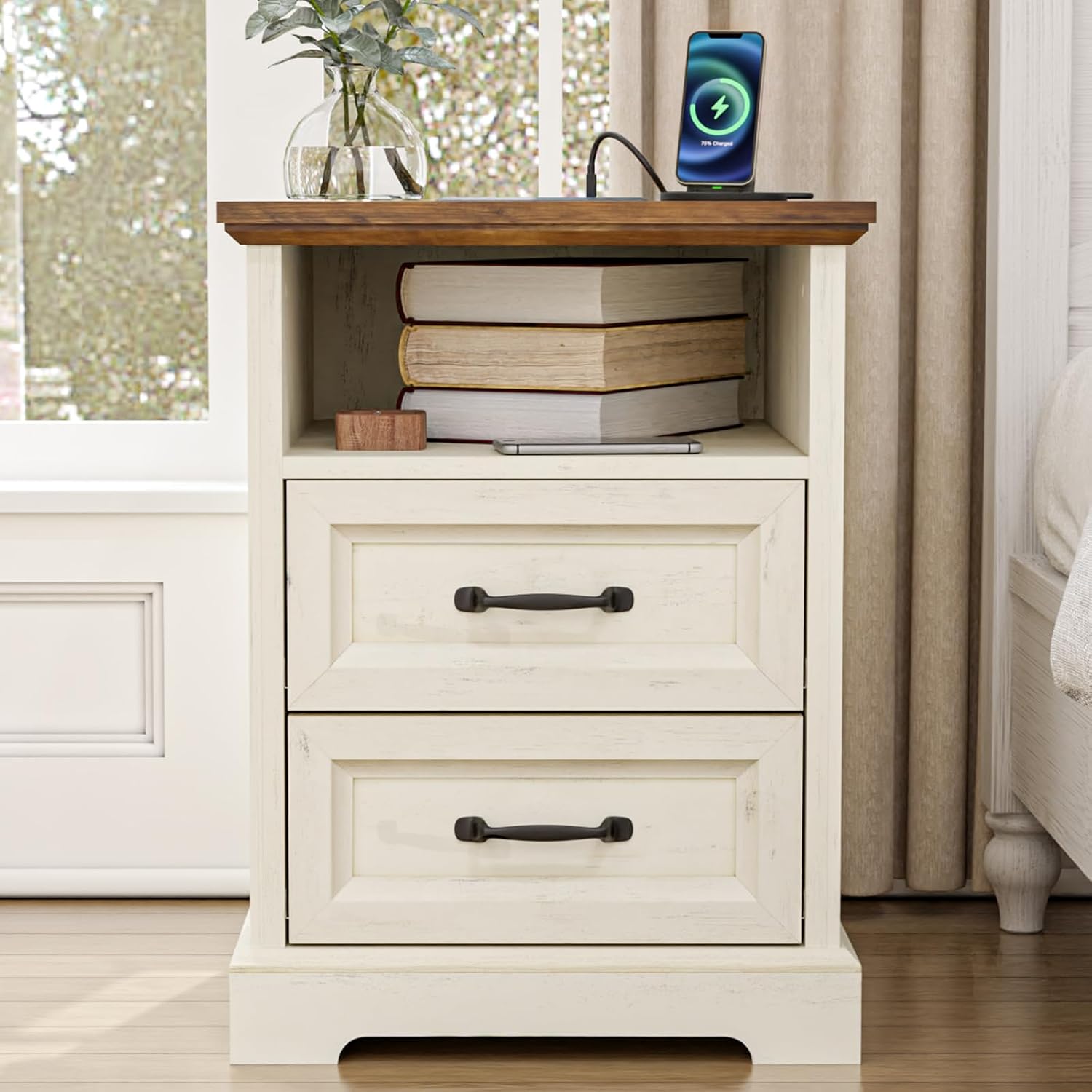 HOMMPA 23.6'' Tall Farmhouse Nightstand, Rustic Wood Night Stand with Charging Station, Bedside Tables with 2-Drawer Storage & Open Shelf, Distressed End Tables for Bedroom, Rustic Cream White