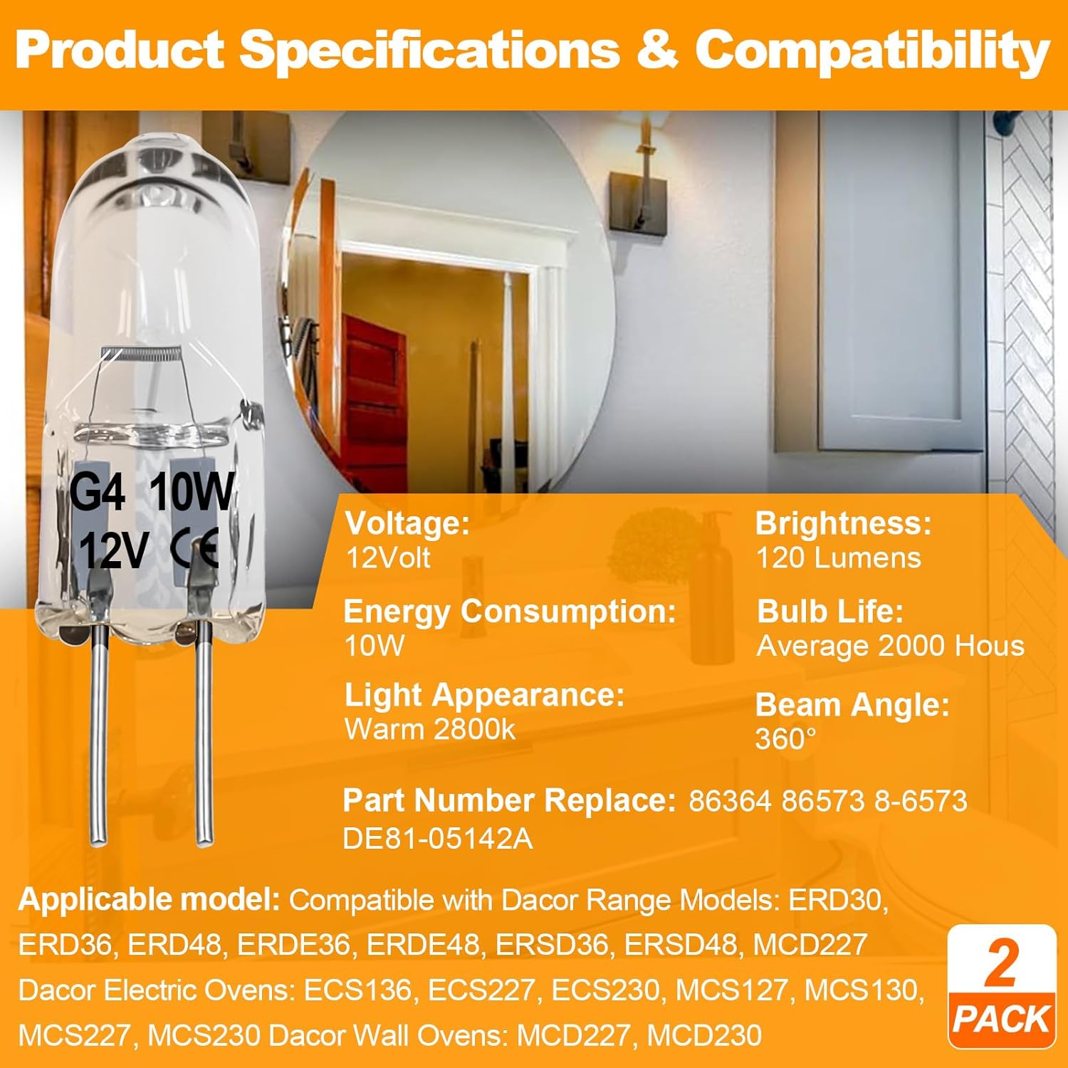 G4 Halogen Bulb, 2 Pack 12V 10W Bi-pin Base, High Output 150LM 3000Hrs Long Lifetime, Dimmable, CRI100 & 2800K Warm White, for Cabinet Light Bulbs, Compatible with Dacor 86364 86573 8-6573 DE81-05142A
