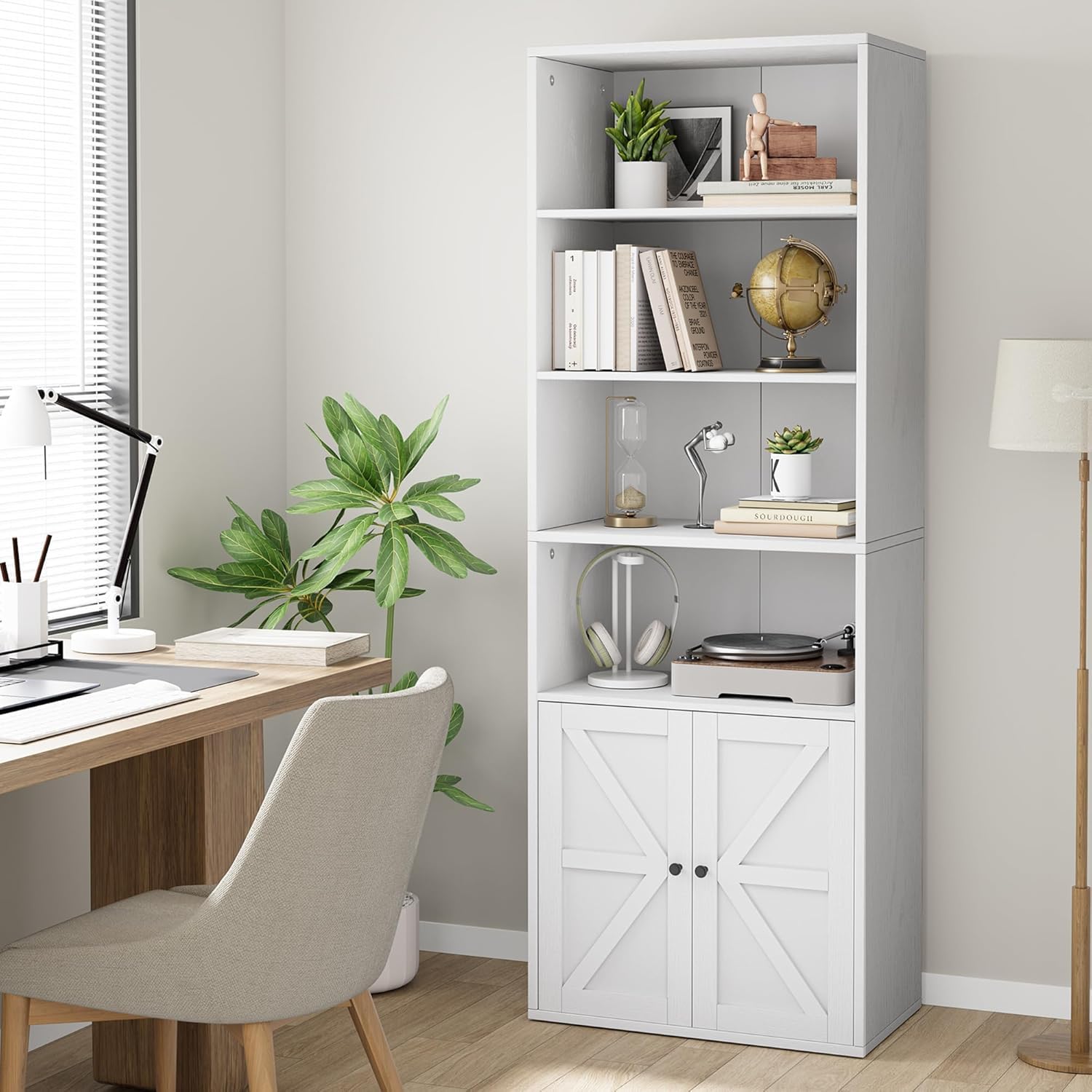 Librería blanca de 6 niveles, estantería con puertas, 30 cm de profundidad, abierta, con kit de protección antivuelco, para dormitorio, salón, oficina, 60 x 30 x 181 cm