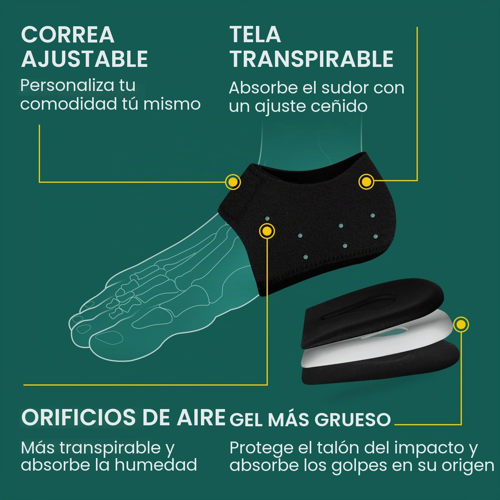 Welnove Protector de talón para fascitis plantar, talón de gel para mujer y hombre, espolones, plantillas de talón, para tendinitis de Aquiles (Negro, Large- EU Shoe Size 42-47)