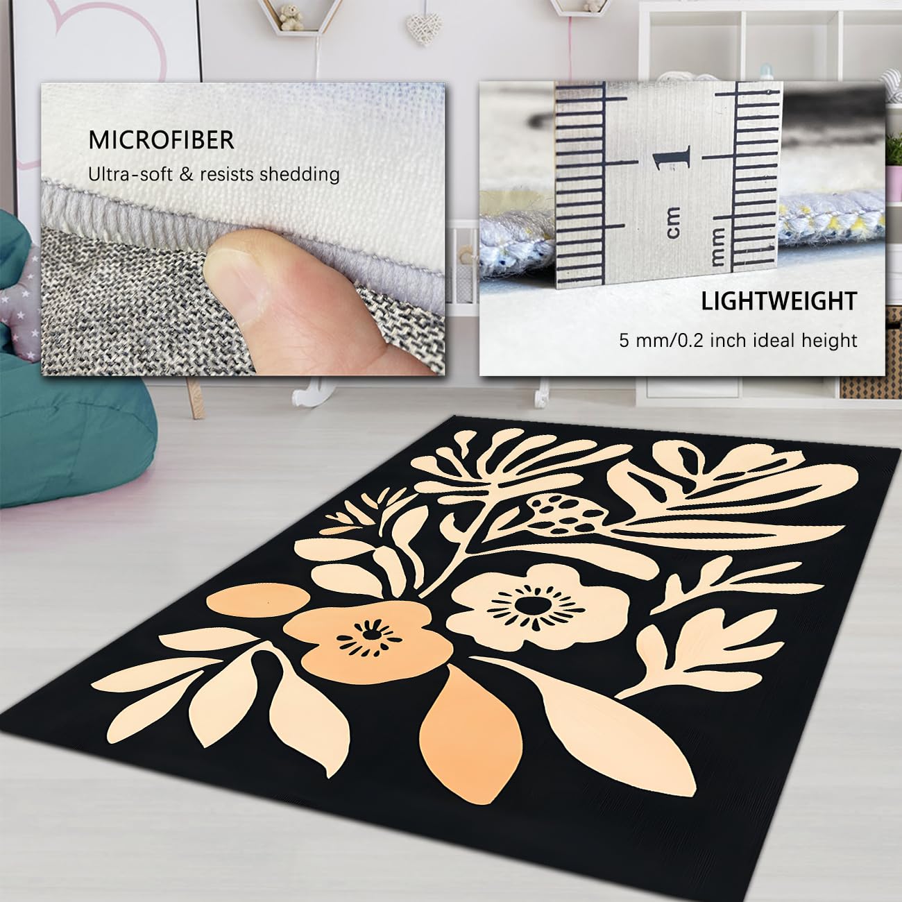 Boho Black Area Teppiche für Wohnzimmer Schlafzimmer Waschbarer großer Esszimmerteppich Rutschfester Abstrakter geometrischer Blumenteppich für Bürospielzimmer 160x230cm