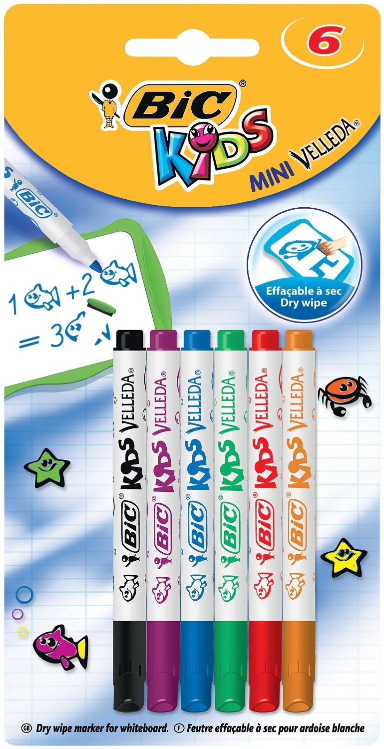 BIC Kids Mini Velleda, Rotuladores Pizarra Blanca de Punta Cónica Fina, Óptimo para uso Escolar, Colores Sortidos, Paquete de 6