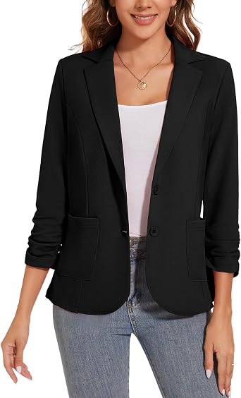 Womens Casual Button Front Blazer Jackets Ruched 3/4 Sleeve Lapel Office Work Lightweight Blazers with Pockets