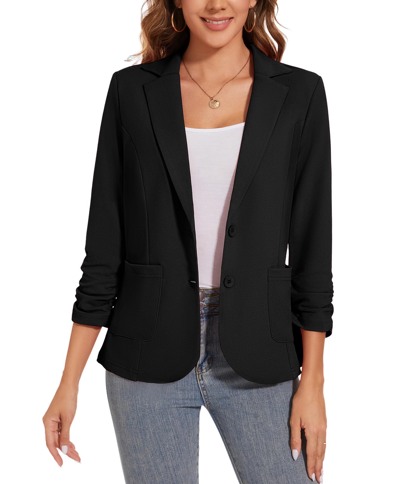 Womens Casual Button Front Blazer Jackets Ruched 3 4 Sleeve Lapel Office Work Lightweight Blazers with Pockets
