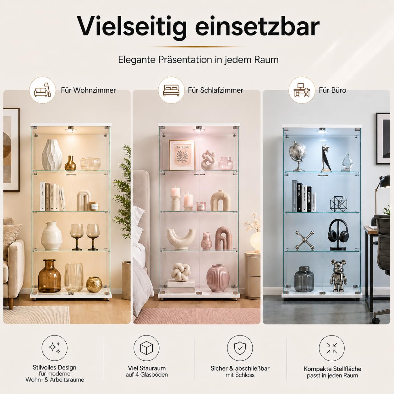 Glasvitrine Standvitrine mit Led, Sammlervitrine stehend mit 2 Glastüren abschließbar und 4 Böden Vitrinenschrank Transparente Vitrine Glas für Wohnzimmer Büro Sammlerstücke Bücher Wein (Weiß)