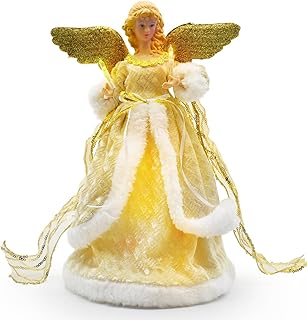 Angel Christmas Tree Topper, Christmas Angel Treetop Figurine, Indoor Christmas Decoration with Feather Wings, 12.6in (Golden Angel)