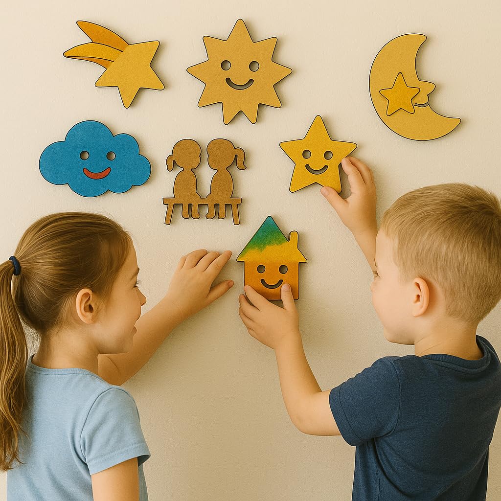 LET'S DIY Wooden Cutouts Painting Kit, 8 Pieces with 5 Paint Colours and Brush, Cloud Moon Star House Shapes for Kids Crafts Activity Kit | Screen-Free Learning & Fun for Children 2