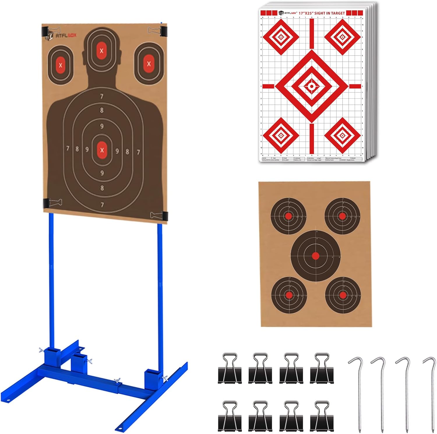 Atflbox Shooting Target Stand with 10pcs 17x25 Inch Sight in Paper Targets, Durable Paper Target Holder with Stable Adjustable Base for Cardboard Silhouette, H Shape, IPSC, IDPA Practice
