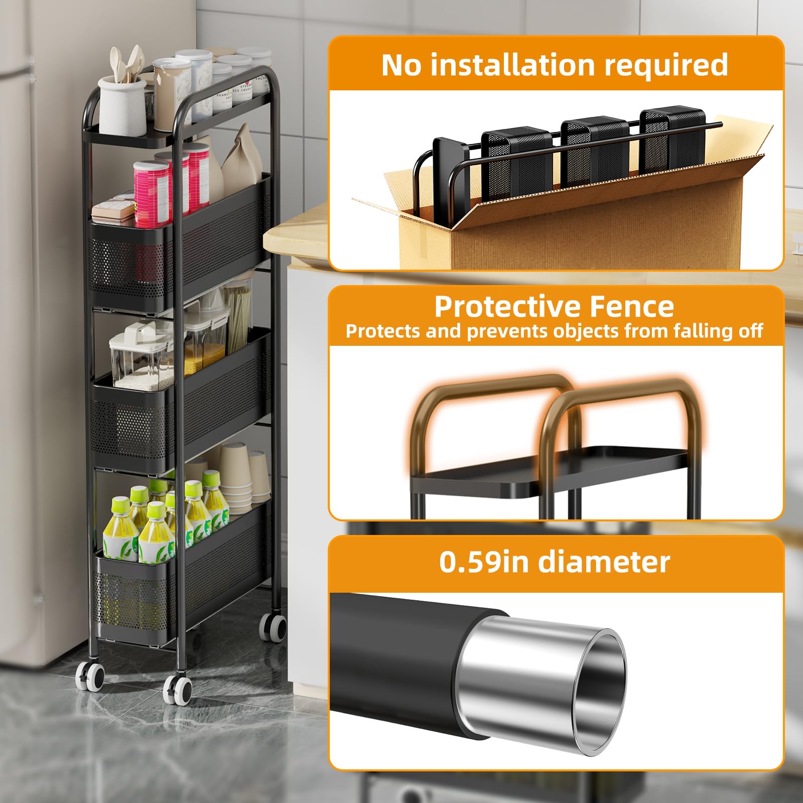 Carrito de almacenamiento delgado de 4 niveles con cesta de metal extraíble, organizador de baño, carrito rodante, organizador deslizante sin instalación para cocina, baño, lavandería (negro, 4