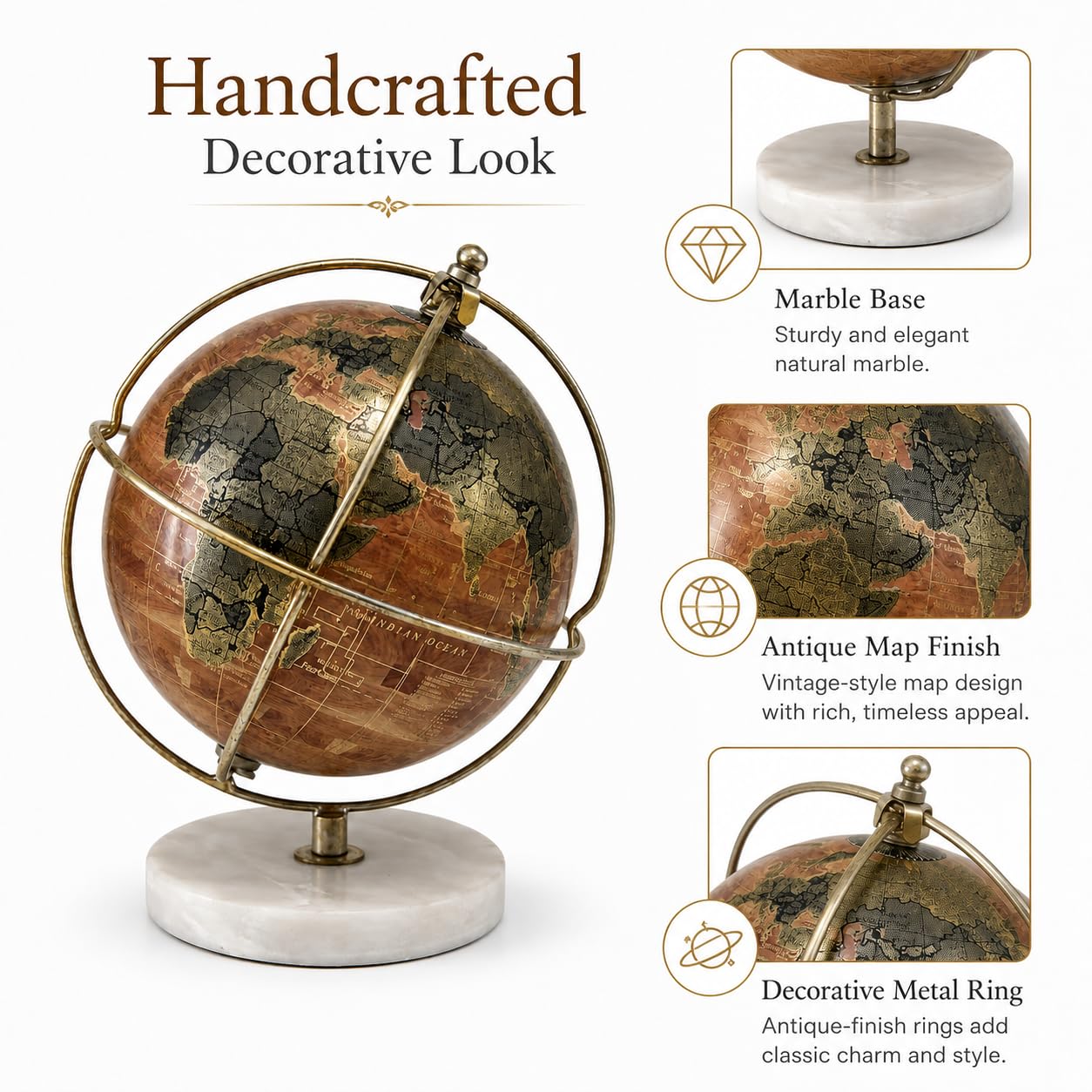 Exerz Mappamondo Antico 13cm - Mappa inglese - base in marmo