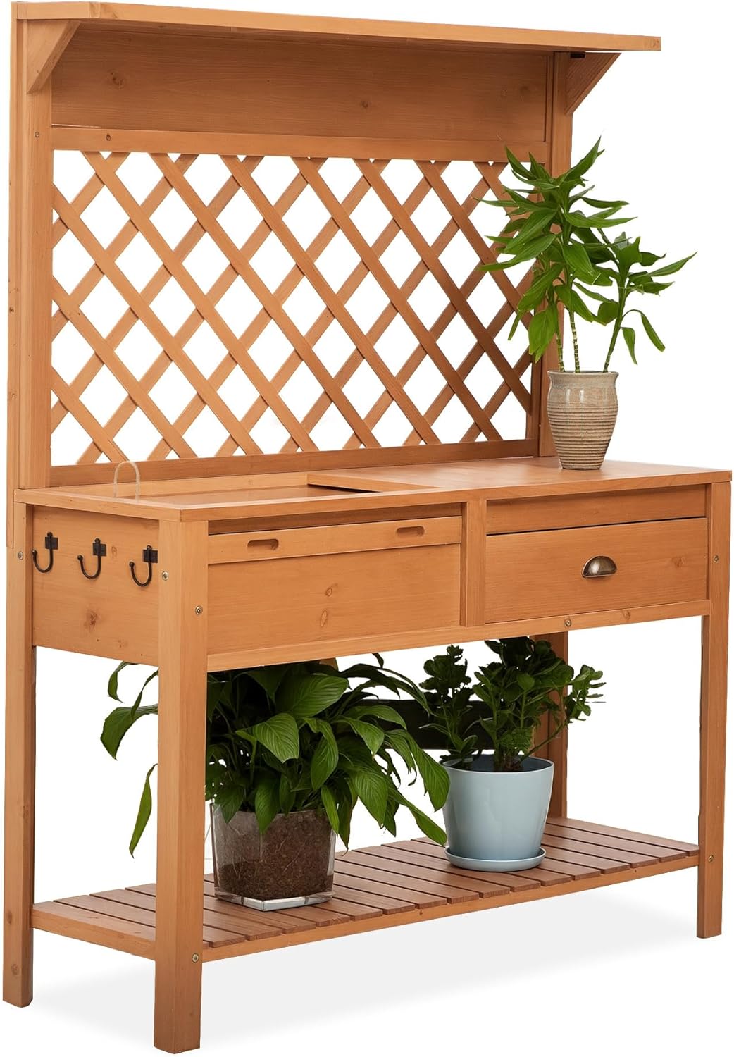 Outsunny Garden Potting Bench, Outdoor Wooden Workstation Table w/Metal Screen, Drawer, Hooks, Storage Shelf, and Lattice Back for Patio, Backyard and Porch
