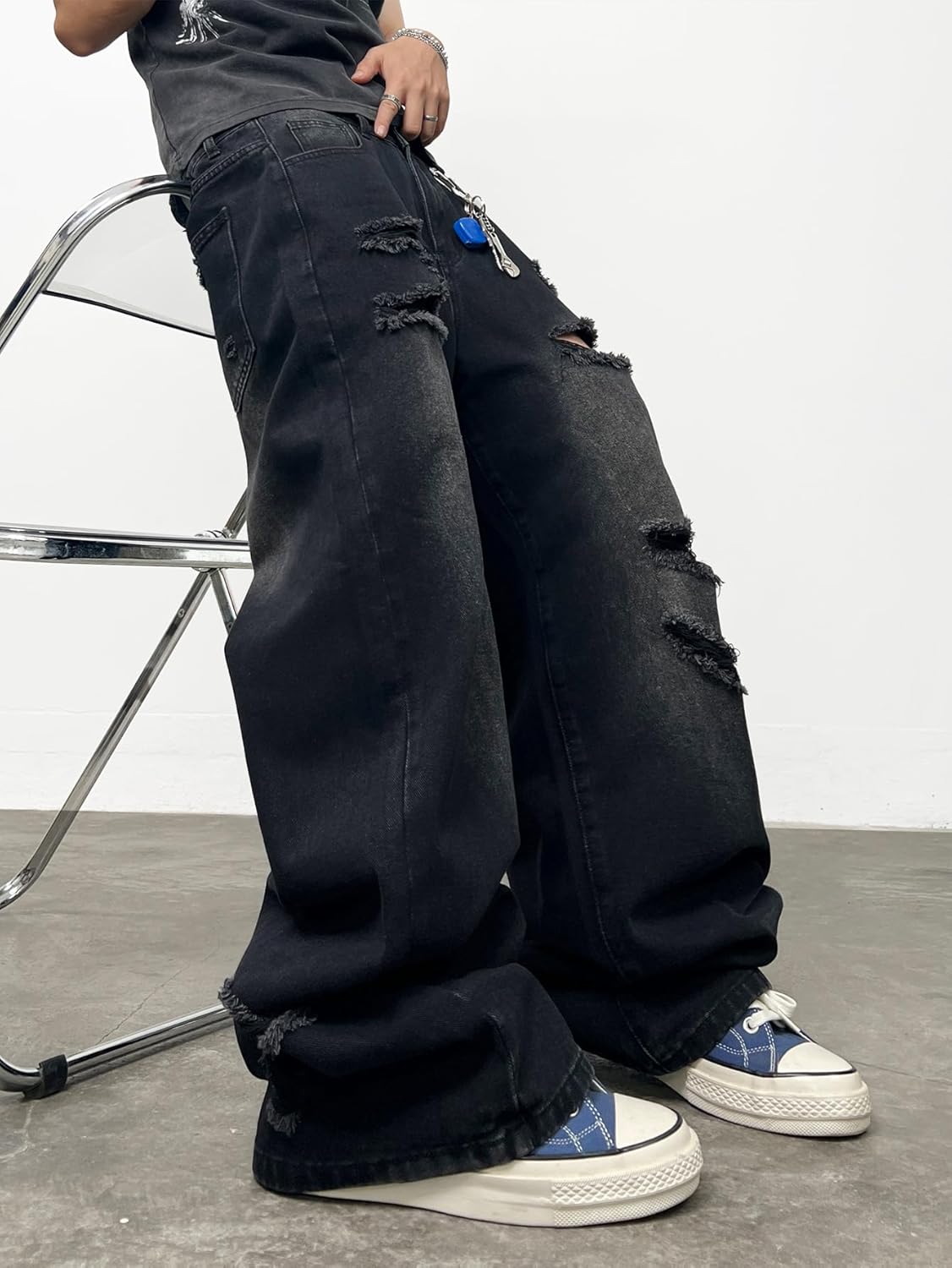 Men's Hip Hop Baggy Jeans Wide Leg Skater Jeans Loose Fit Streetwear Oversized Denim Pants - Image 2