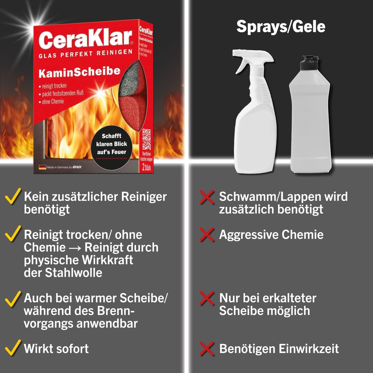 abrazo CeraKlar KaminScheibe - 16 Kaminscheibenreiniger, 8x2 Stk. - kratzfreie Kamin Scheibenreinigung ohne Chemie, Kaminglasreiniger, Kaminreiniger