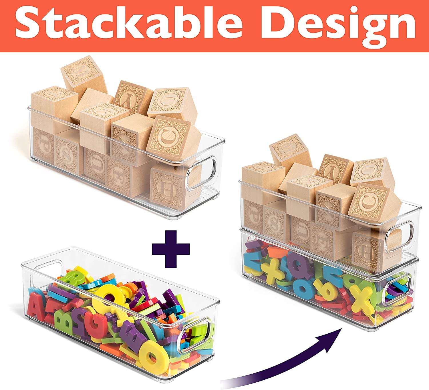 Snazzy Paquete de 6 contenedores organizadores transparentes para refrigerador con asas, contenedores apilables de almacenamiento de alimentos para despensa, nevera, gabinete, encimeras, organizador
