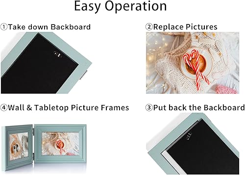 Miniatura 8 de Tamolus Marco de fotos de madera doble de 5 x 7 pulgadas horizontal y vertical en color verde azulado, pantalla de 4 x 6 pulgadas con paspartú o 5 x