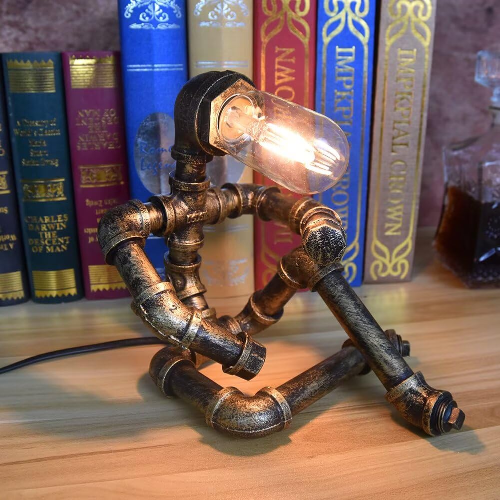 Afhrjnx ‎Bronze-Style D Water Pipe Table Lamp Robot Style, Retro Industrial Steampunk Rustic Table Light, Vintage Farmhouse Desk Lamp For Bedroom, Office, Bedside, Nightstand, Baror Or Shop