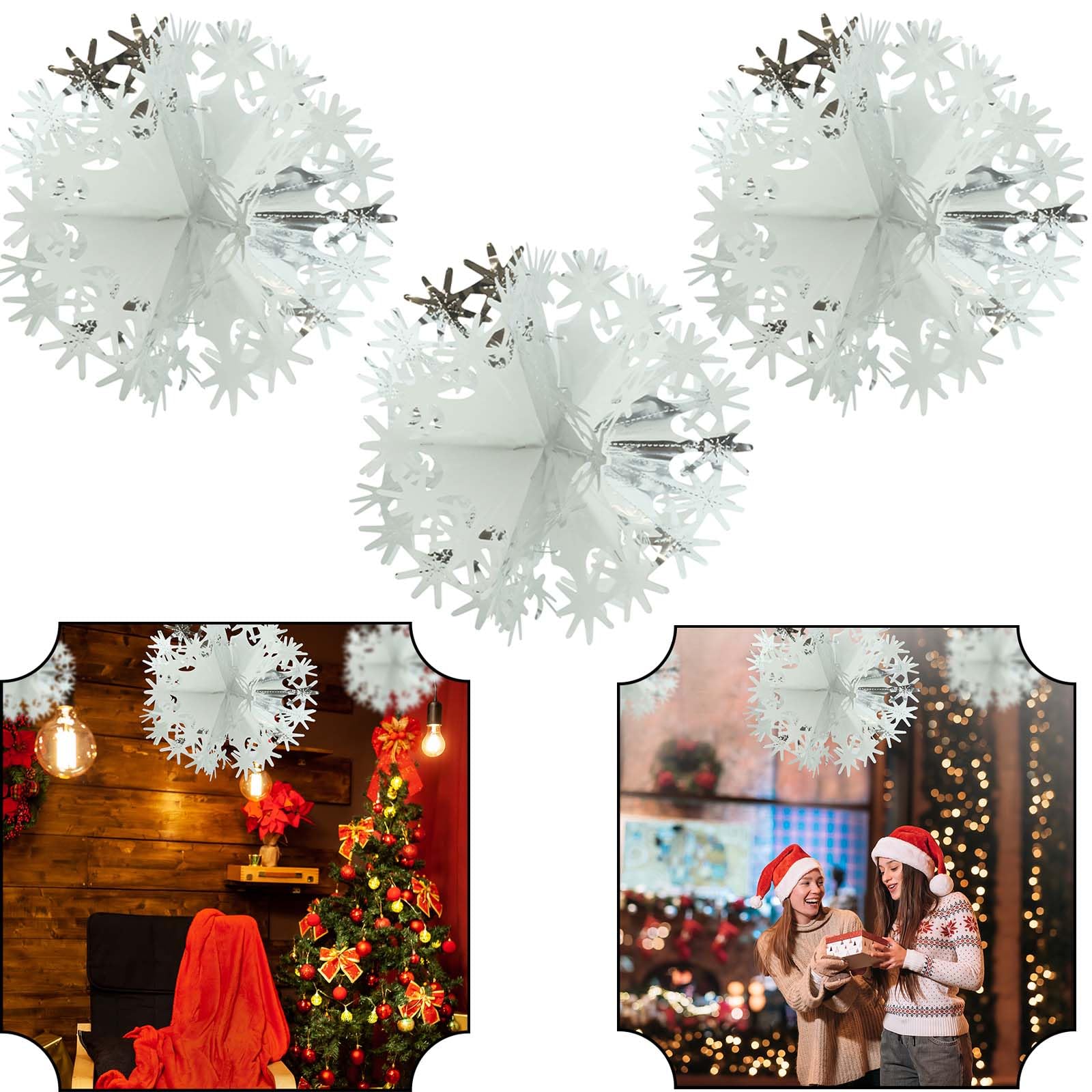 Srvertex White/Silver 3X Christmas Ball Shape Star Foil Garlands, Hanging Decorations Garland For Christmas Hanging Decoration Wall Ceiling Xmas Décor Valentine's Day Party Supplies