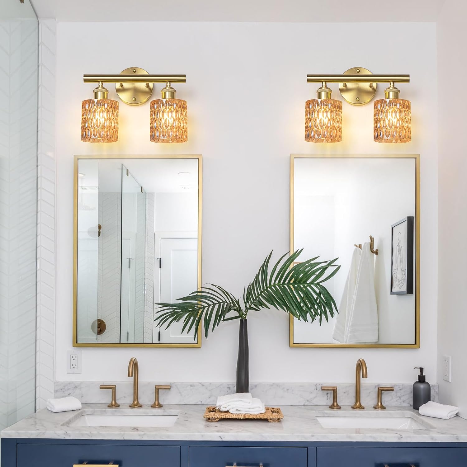 Bathroom Vanity Light, Gold Wall Fixture Over Mirror, Amber Glass Shade Lighting with Bulbs Included for Bedroom & Living Room, 2-Lights