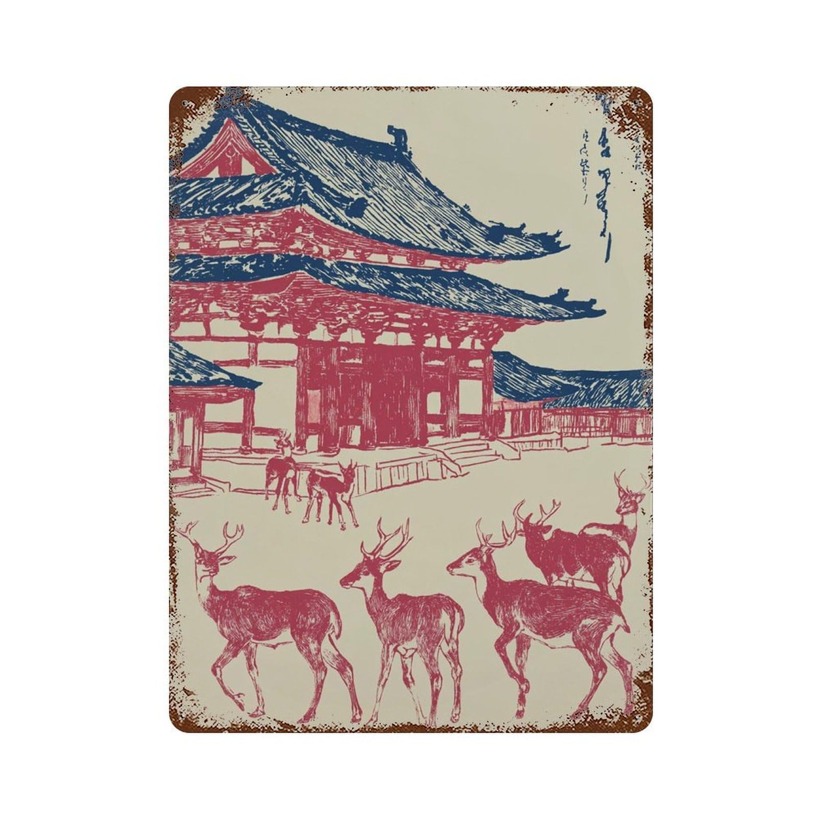 xiaoxiaoshen Deer Japanese Temple Scene Nara Inspired Animal Red Blue Minimal Woodblock Wall Decor Art Metal Tin Poster Modern Home Decor Art Home Bar Shop Decorations Vintage Sign 40x30cm