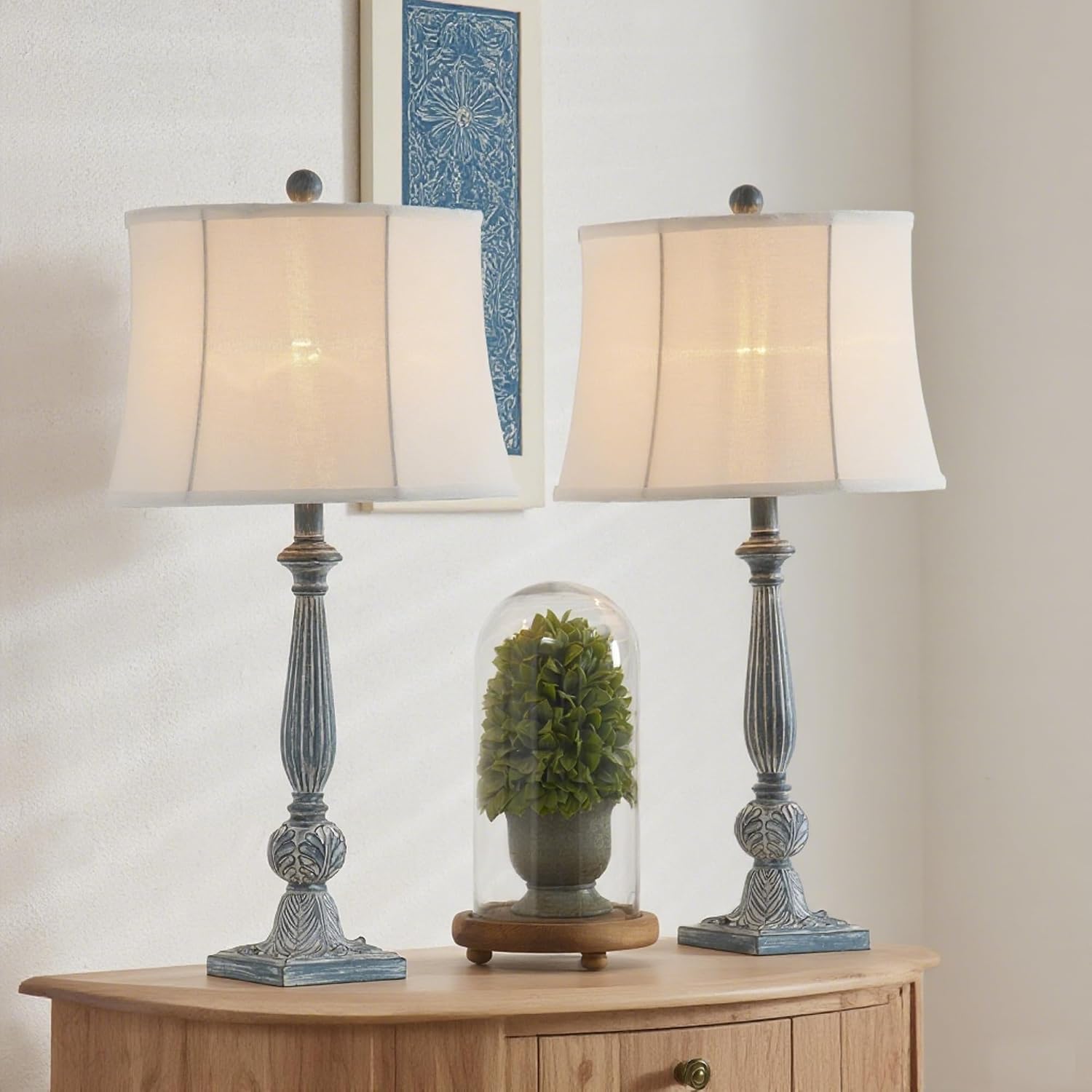 Maxax 27.5" Farmhouse Table Lamps Set of 2, Antique Blue Bedside Nightstand Lamps, 3-Way Dimmable Rustic End Table Lamps with White Bell Fabric Shade for Living Room Bedroom Office