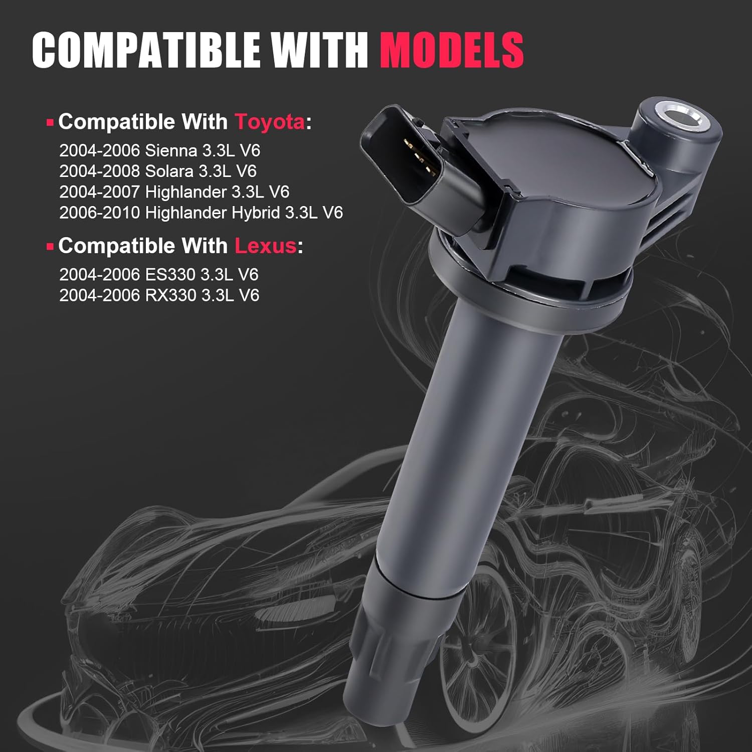 6pcs Ignition Coil Compatible with Toyota Sienna Highlander Solara Lexus RX330 ES330 RX 330 ES 330 3.3 2004 2005 2006 2007 2008 3.3L V6 Coil Pack Replaces# UF506 UF430 IC586