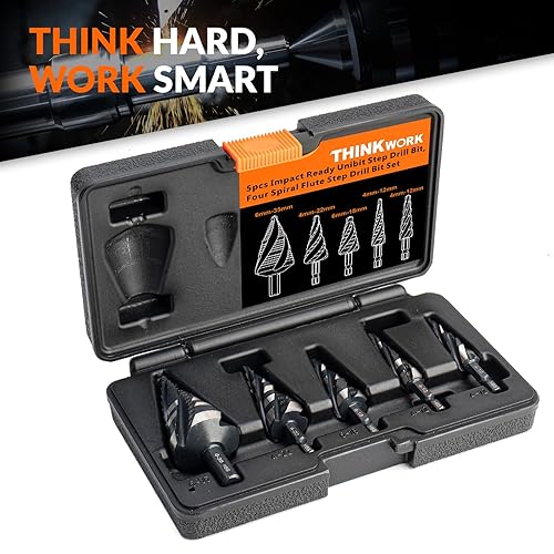 Miniatura 7 de THINKWORK Juego de 4 brocas en espiral con paso de flauta (métrico), 5 brocas escalonadas HSS (0.157 in-1.378 in), brocas de paso Unibit con vástago
