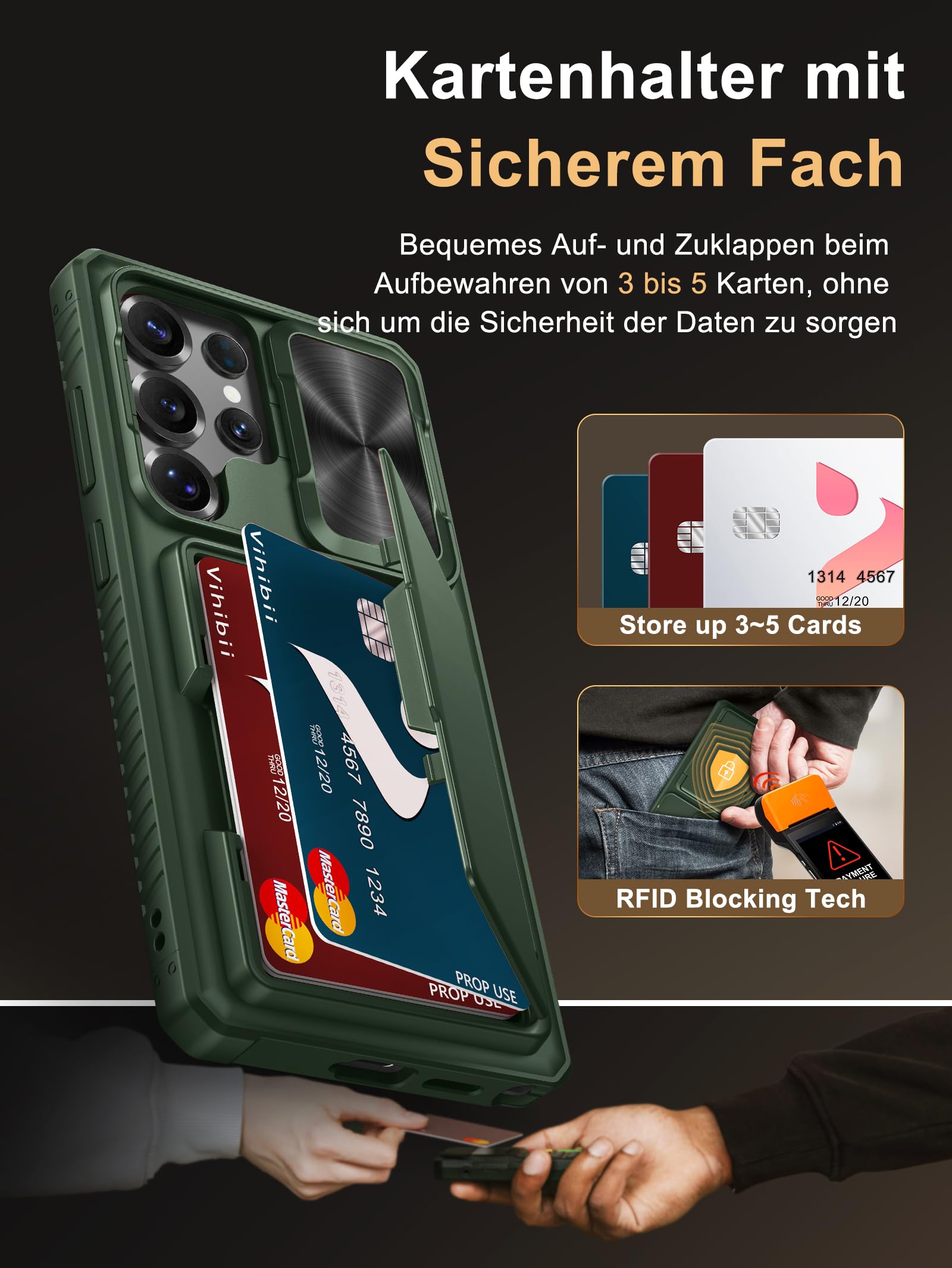 Vihibii per Samsung Galaxy S25 Ultra custodia con porta carte [RFID Blocking] & protezione per fotocamera con cursore, robusta custodia in TPU antiurto con protezione militare antigraffio in silicone