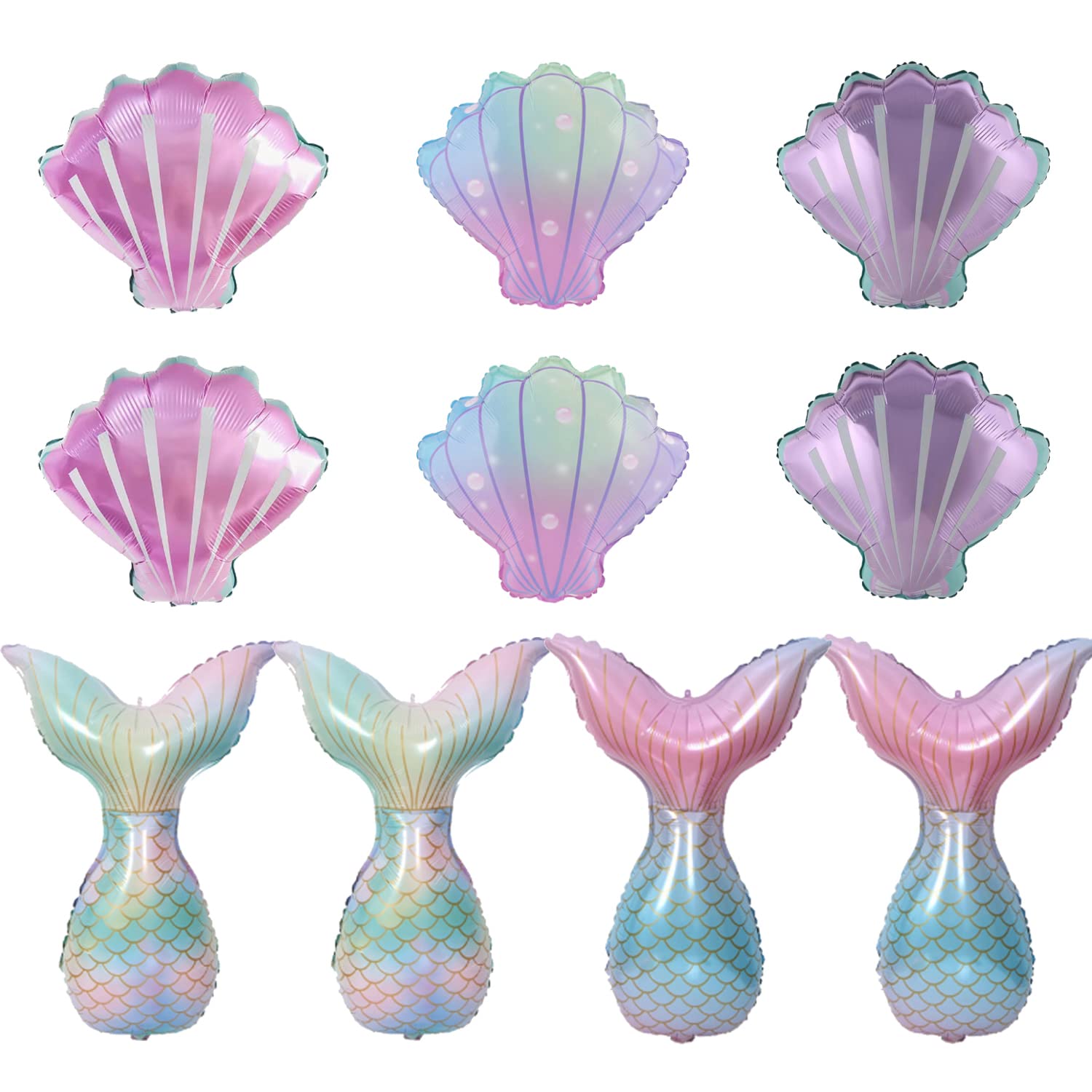 Finypa 10pc Mermaid Balloons - Seashell Mylar Foil Balloons for Under the Sea Decorations, Baby Shower, Summer Beach, Mermaid Sea Theme Birthday Parties