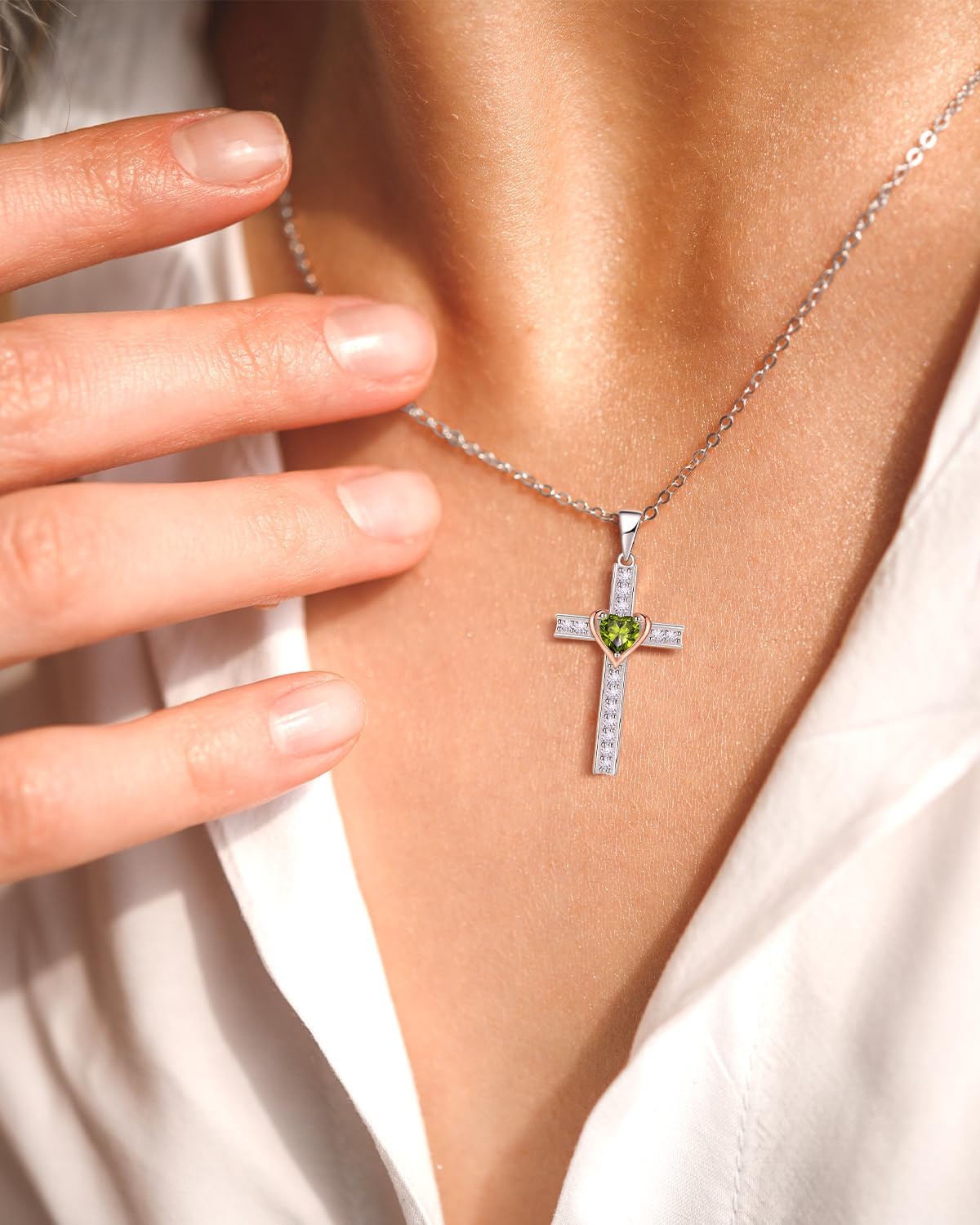 Birthstone Cross Necklace for Women, 925 Sterling Silver Heart Cross Pendant Necklace, Fine Cross Jewelry Birthday Anniversary Mother's Day Gifts for Her Mom Wife, 18"+2" Adjustable - Image 8