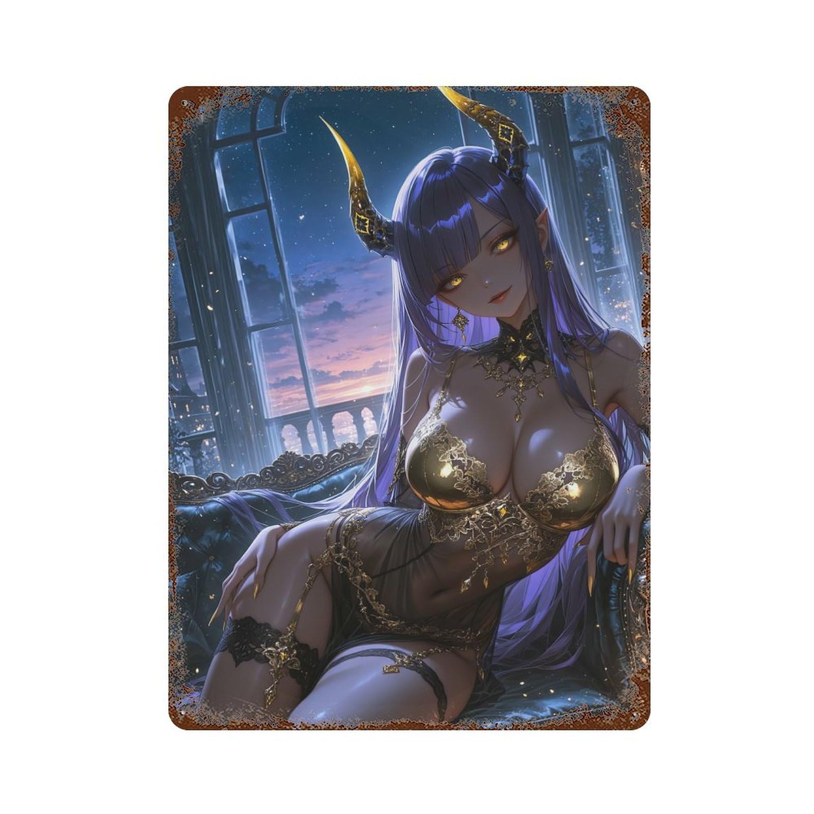 Anime Devil Girl on Couch Distressed Metal Wall Sign 15.7"x11.8", for Basement, Hobby Room And Garage Decor, Shabby Chic Decor