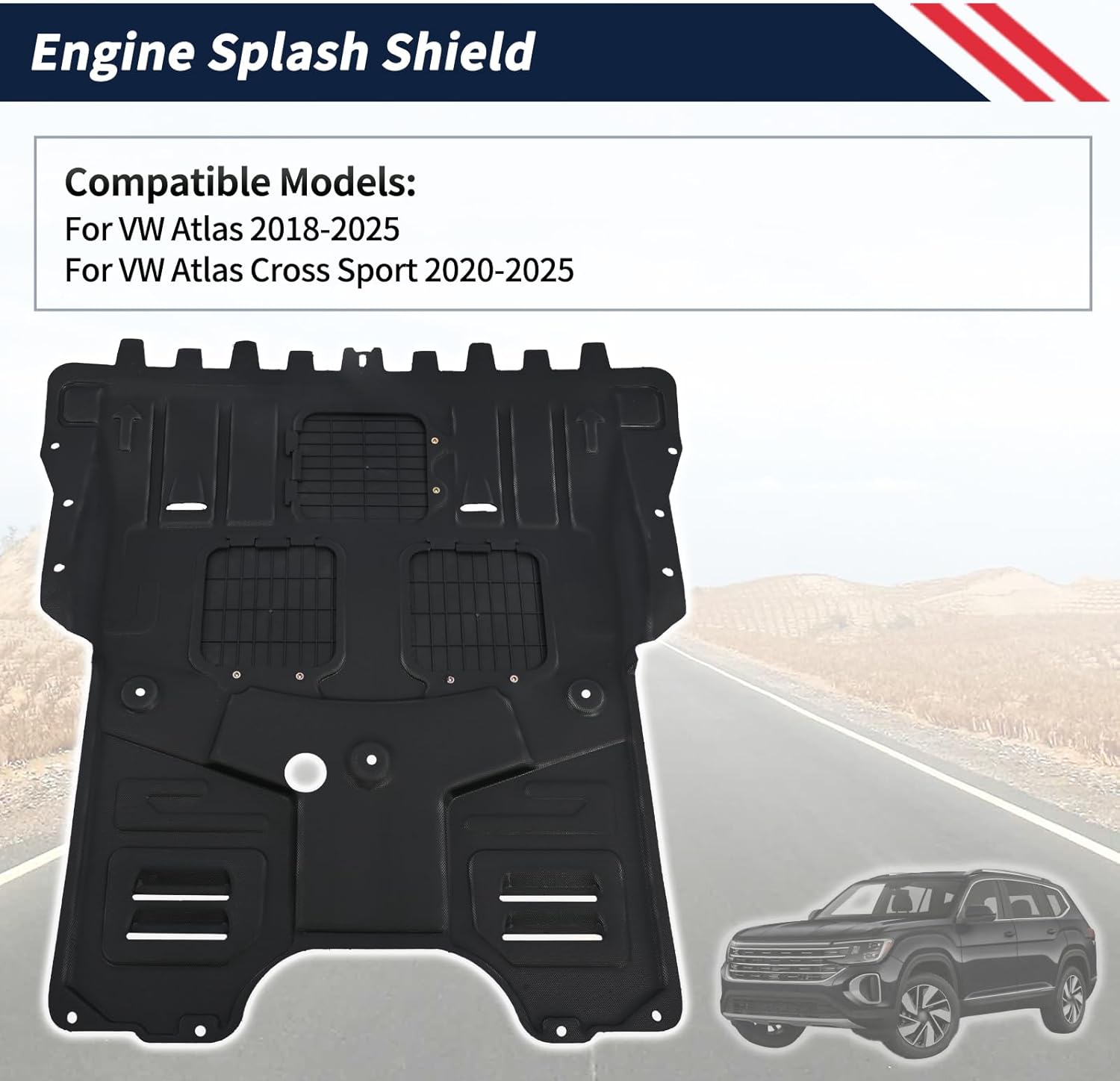 Engine Splash Shield Guard for VW Atlas 2018-2025 / Cross Sport 2020-2025 - Heavy-Duty PVC Skid Plate for Radiator, Engine & Transmission - w/Extended Cover, Service Holes & Vent Design