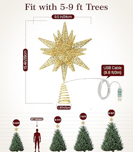 Miniatura 5 de Luxspire Decoración para árbol de Navidad, estrella iluminada 3D con enchufe USB y control remoto, luces de estrella para árbol de Navidad de 9.6