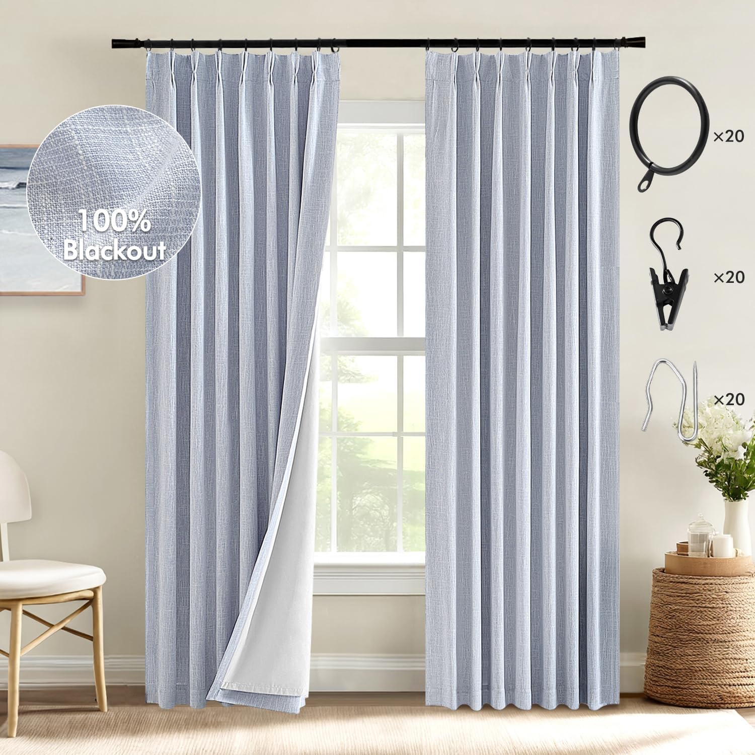 MIULEE Chambray Blue Pinch Pleated 100% Blackout Linen Curtains 96 Inch Length 2 Panels Set, Pleat Curtain with Pin Hooks, Black Out Light Blocking Room Darkening Drapes for Bedroom Living Room Window 40"W x 96"L (Pack of 2) Chambray Blue