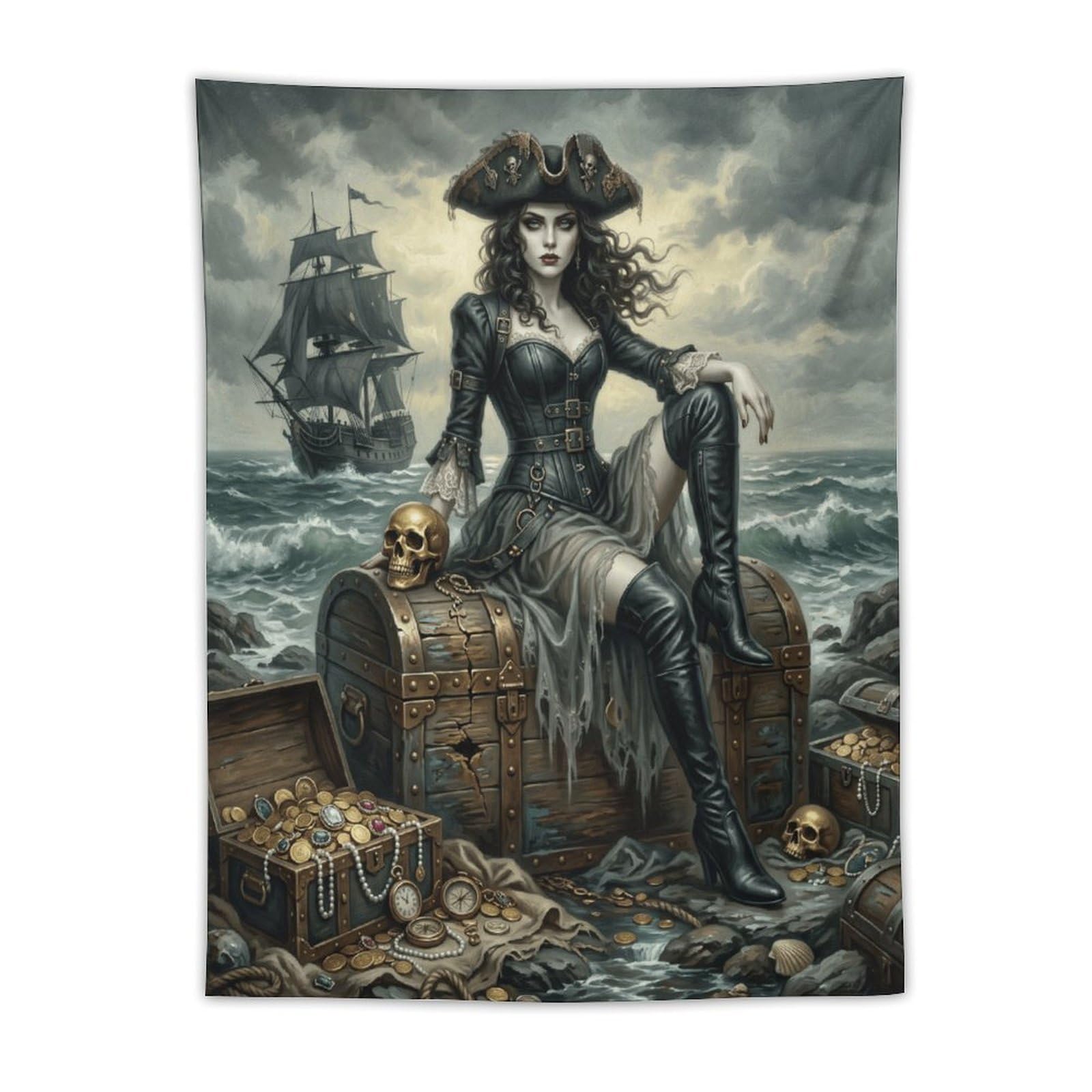 H3B8U2Y5 Pirate Queen Seaside Treasure Wall Tapestry, Stormy Ship