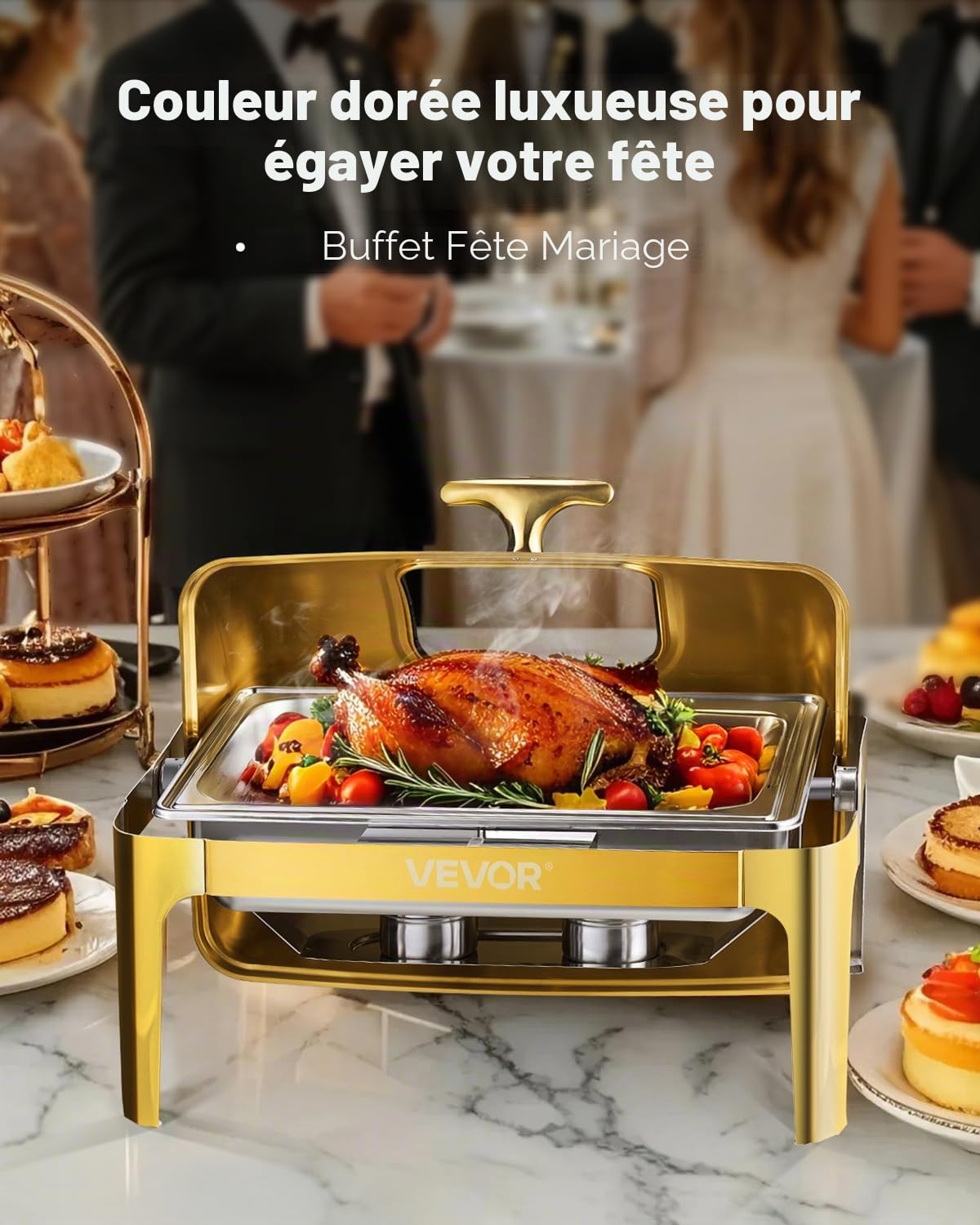 VEVOR Chauffe-Plat Rectangulaire 8,5 L, Buffet Chauffant avec Couvercle Rabattable Visible, Réchaud en INOX avec Bac Pleine Taille, pour Buffet Libre-Service Hôtel Traiteur Restauration, Doré