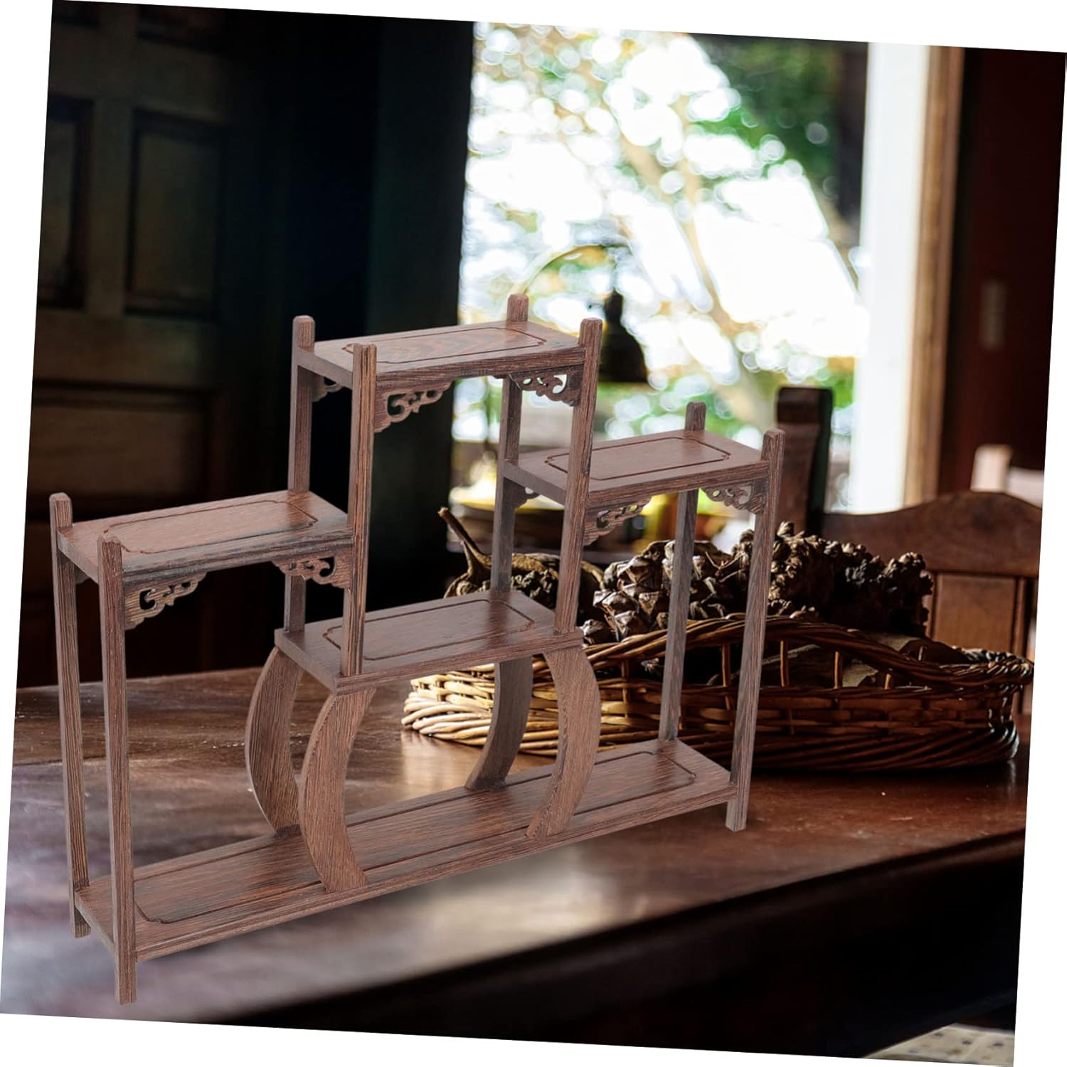 Alipis Wooden Display Rack Antique Shelf for Tea Canisters and Collectibles Decor Stand for Living Room Study Office Tea House