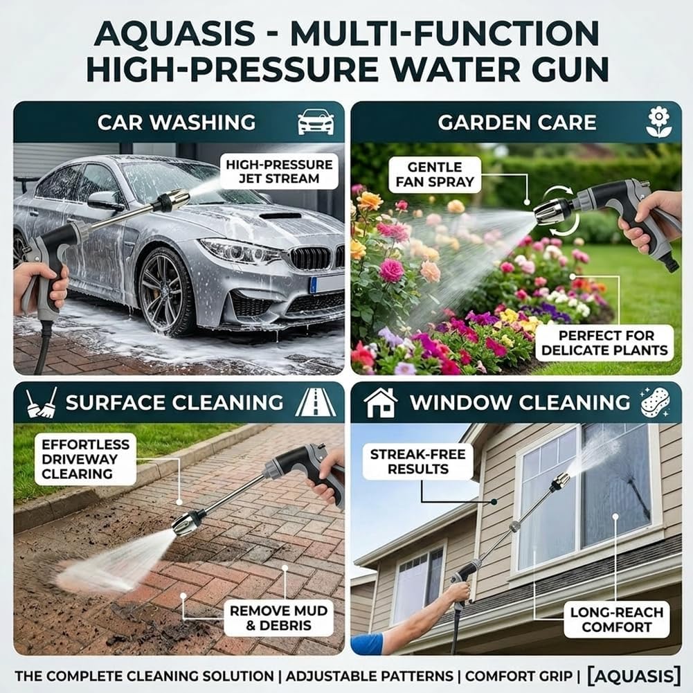 Aquasis Pressure Washer, 360° Rotating Nozzle with 3 Spray Modes, Handheld Powerful Outdoor Washer, Effortless Dirt & Stain Remover for Patio, Car & Garden Cleaning (1 Set + Foam Pot)