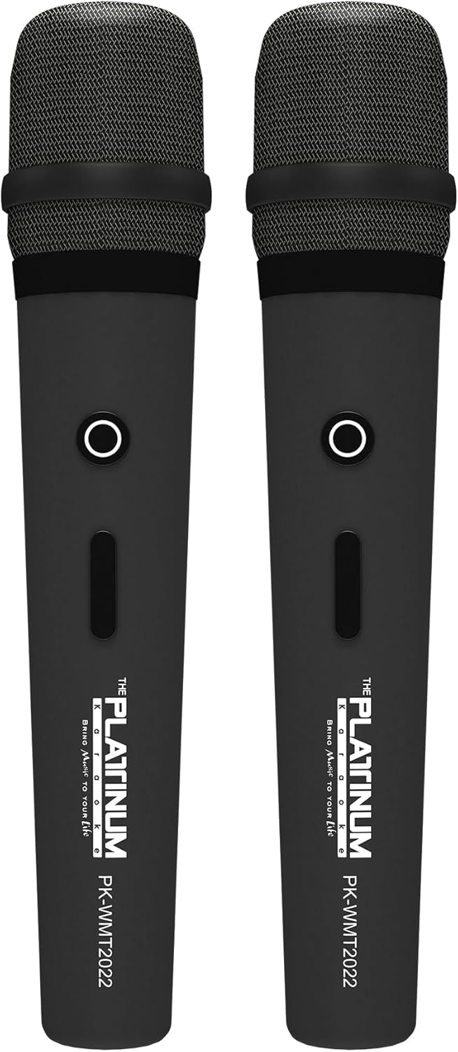 Two Platinum Karaoke wireless microphones, black in color, with the brand logo and model number PK-MMT2022 visible.