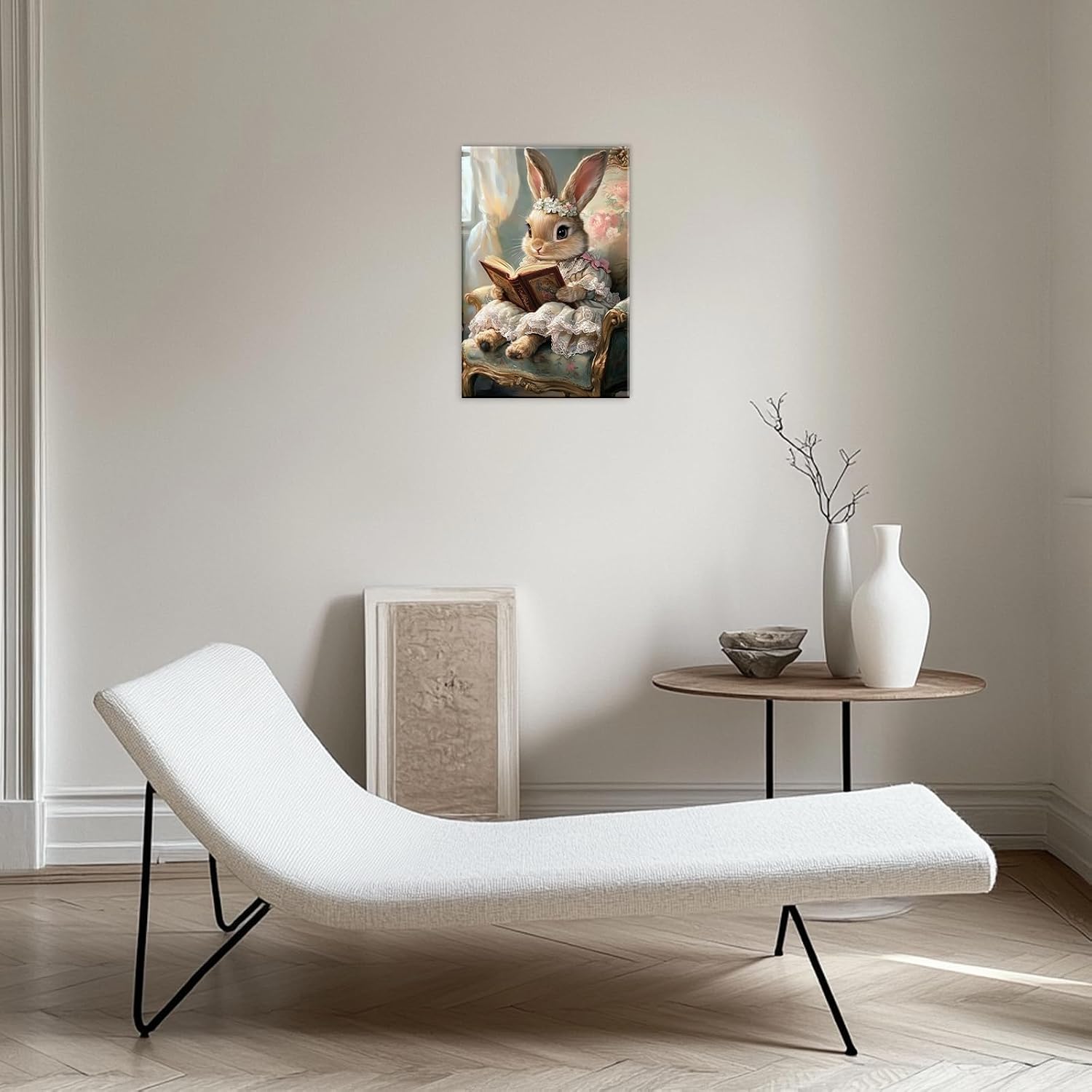 Rabbit Wall Art Retro Animal Picture Canvas Print Rabbit Reading Books Painting Framed Artwork for Living Room Bedroom Nursery Kids Room Decor(Artwork-1,12"x18")