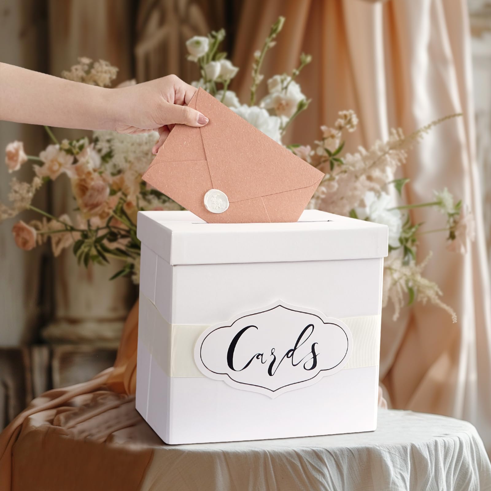 PAPER FAIR Białe brokatowe pudełko na karty podarunkowe na przyjęcie, duże 25 cm ze wstążką, spersonalizowane etykiety na karty, ślub, Boże Narodzenie, urodziny, ukończenie szkoły, wieczór panieński