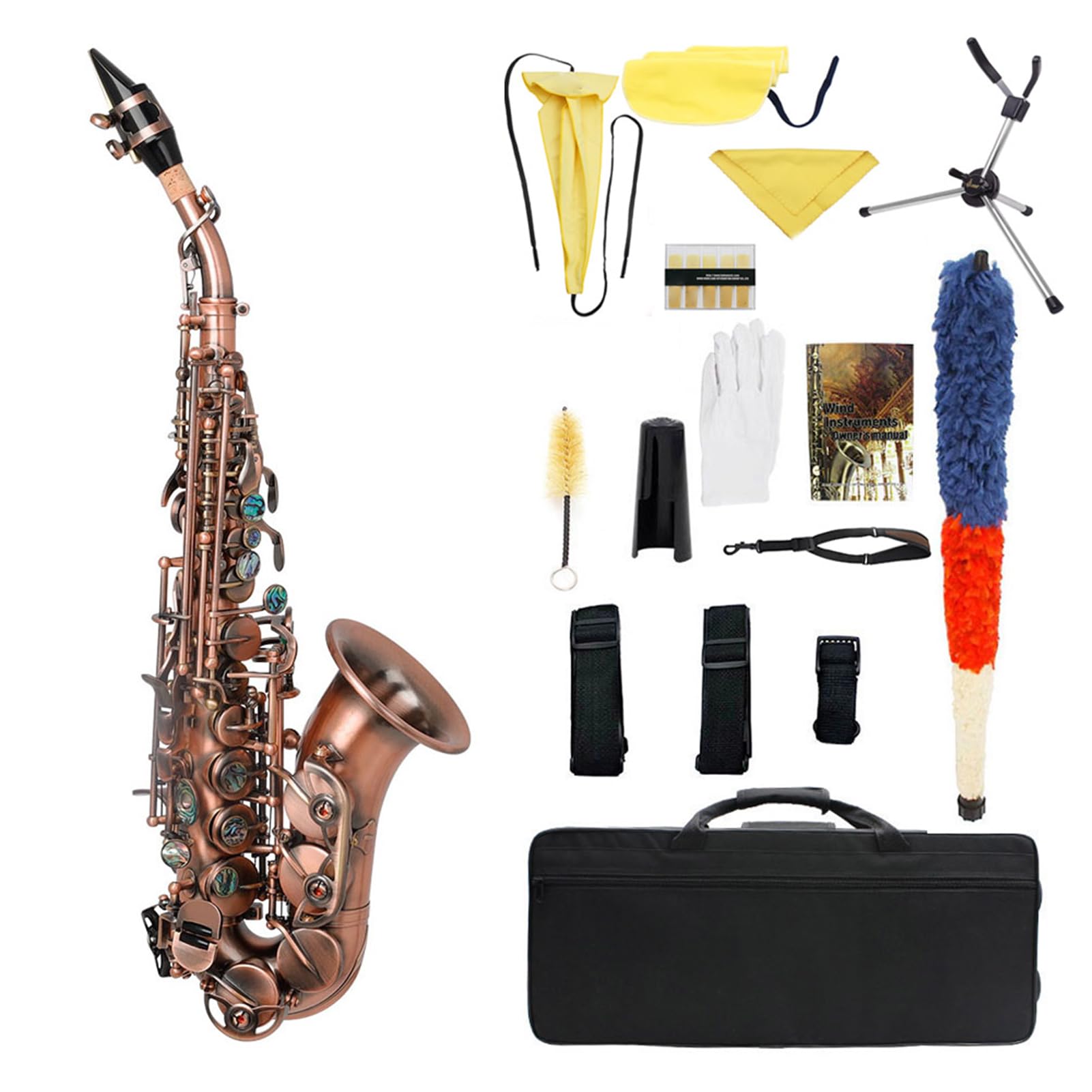 Fafeicy Sassofono Soprano, Strumento a Fiato Color Ottone Vintage con Supporto per Custodia, Squisito Intagliato a Mano, Perfetto per Principianti e Musicisti Jazz