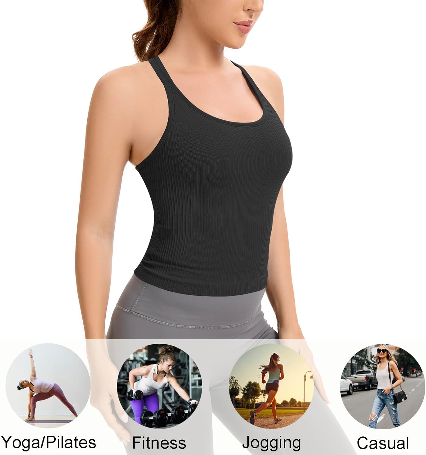 Lemef Ribbed Tank Top with Built in Bra for Women Racerback Workout Crop Top Slim Fit Yoga Athletic Gym Shirt - Image 5