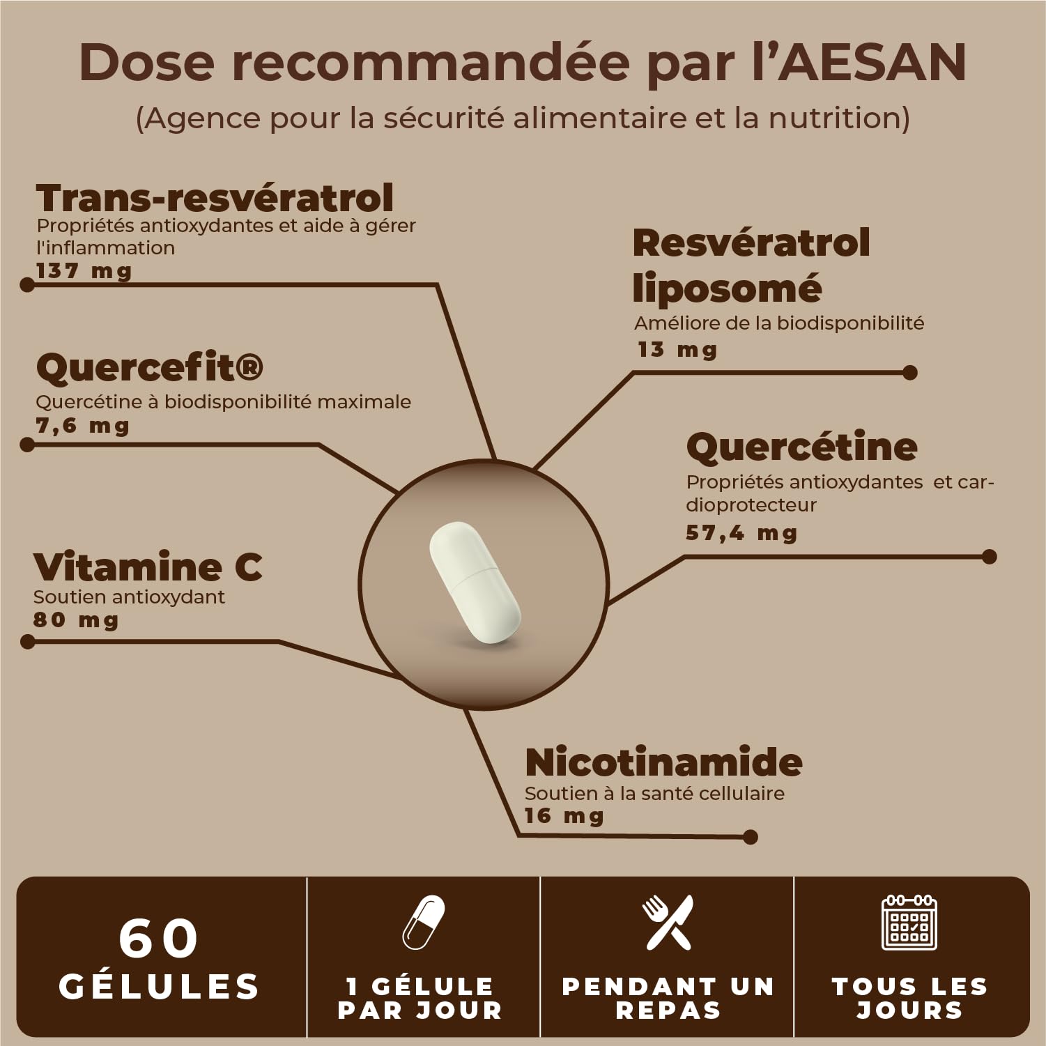 Trans Resvératrol Quercetine + Nicotinamide précurseur du NAD, Vitamine C, Antioxydant, Support à la Gestion du Poids et Favorise une Peau Jeune