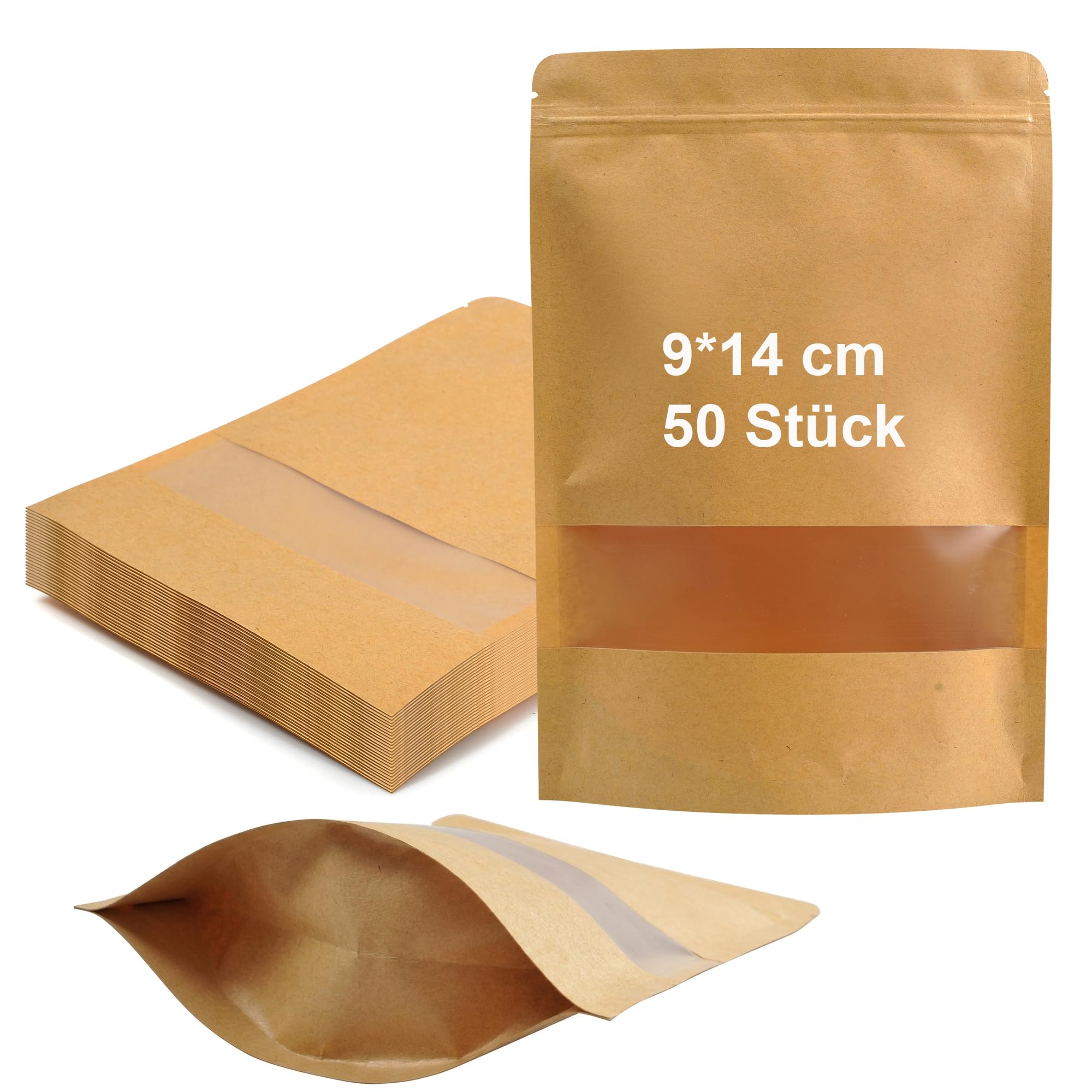 50pcs Kraft Paper Bags with Transparent Window,Resealable Ziplock Stand up Pouch Bags for Food Tea Coffee Beans Nuts Seeds and Dried Fruits 9 * 14cm