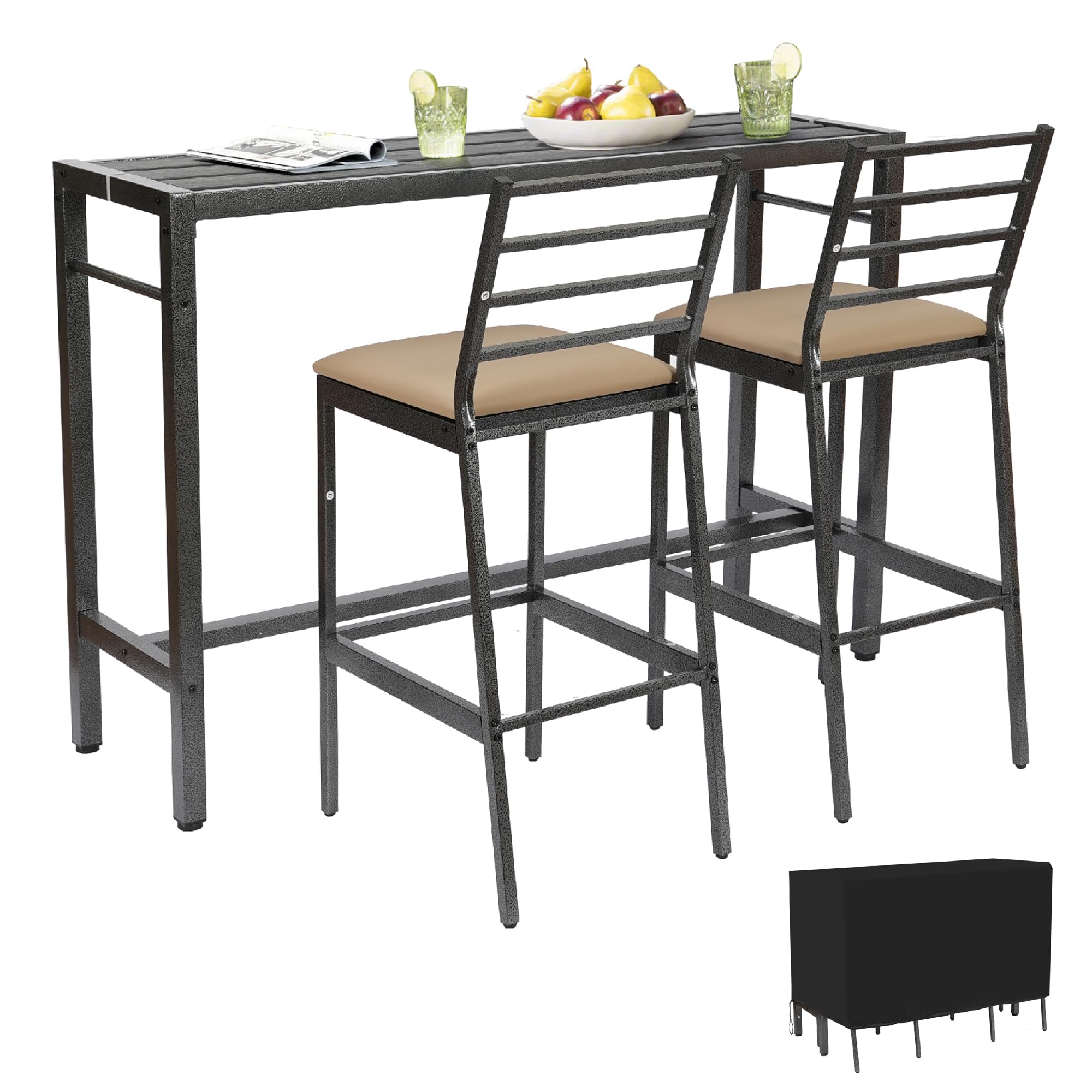 Juego de Comedor y Bar para Patio de 3 Piezas, Mesa Rectangular Resistente de 140 cm de Altura con 2 taburetes Acolchados, Mesa y sillas de Metal para Patio, Porche, bistró o balcón.