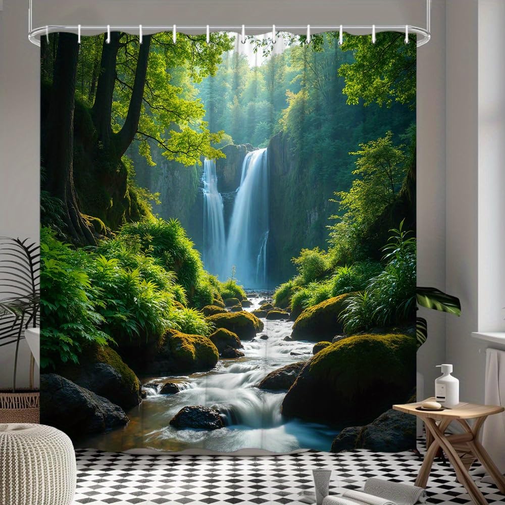 GLWDMB 1 Piece 150x180CM Forest Waterfall Nature Scene Printed Shower Curtain With Hook, Polyester, for Windows And Walls, Bathtub, Bathroom, Machine Washable, All Season Universal