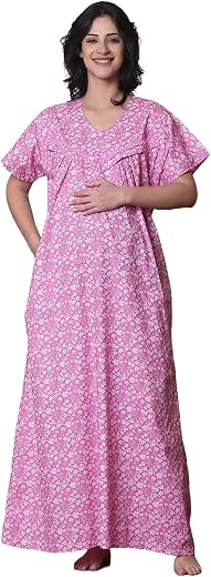 Secret Wish Floral Pure Cotton Maternity Nighty/Maxi Nighty/Feeding/Nursing/Zipper/Printed