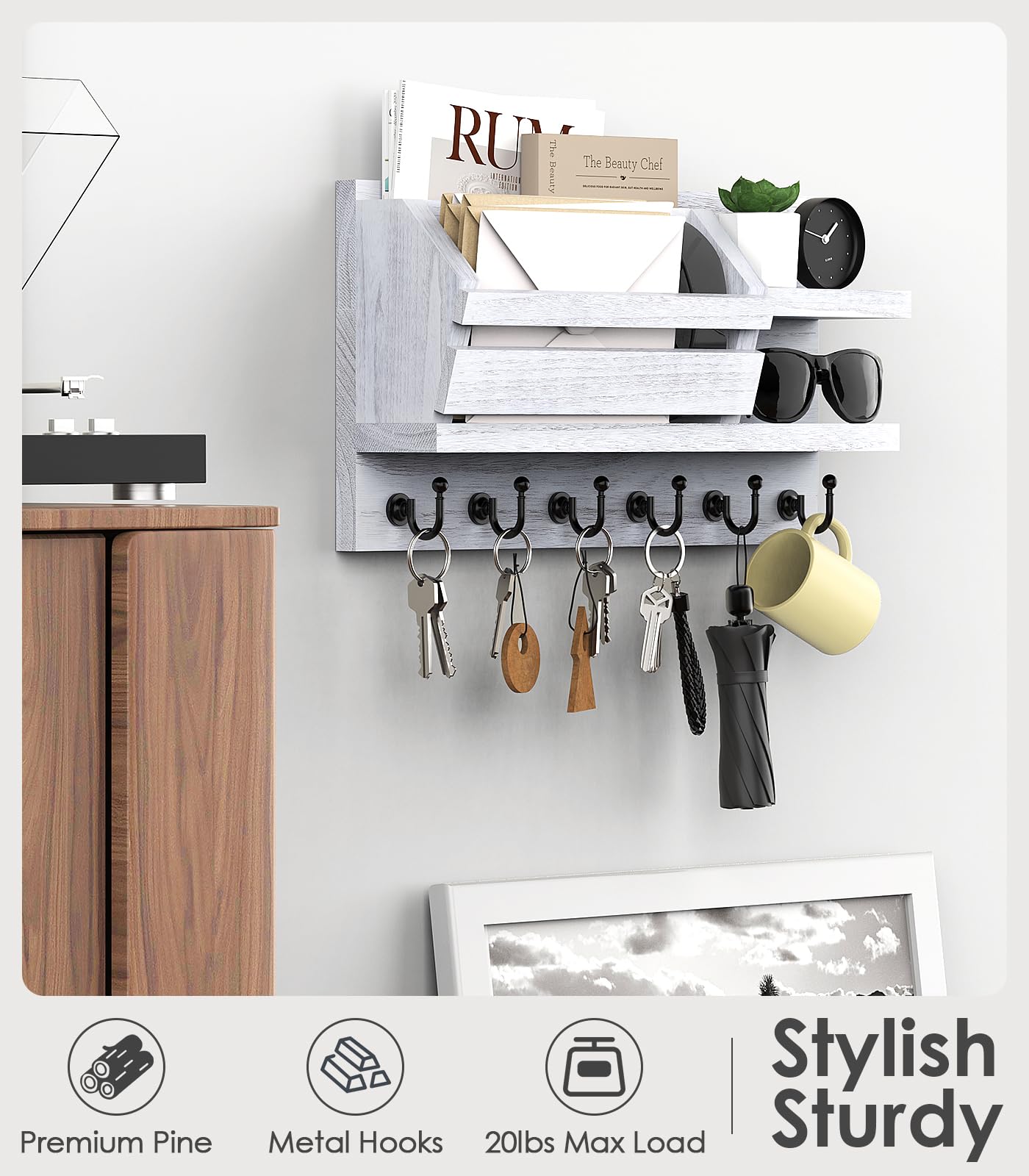 Portachiavi Da Parete Con 6 Ganci - Nero, Con Ripiano, Installazione Adesiva O A Viti, Per Ingresso O Ufficio - Foto 13