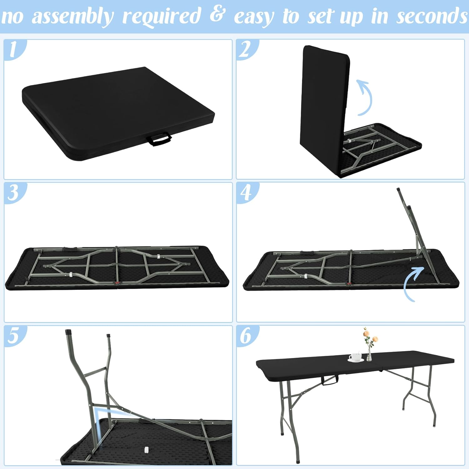 Fivenl 2 Pack 6 Feet Portable Folding Table Black, Steel Legs Fold-in-Half with Carrying Handle Rectangular Plastic Foldable Table for Party, Wedding, Camping, Picnic, Dining, Indoor Outdoor Events