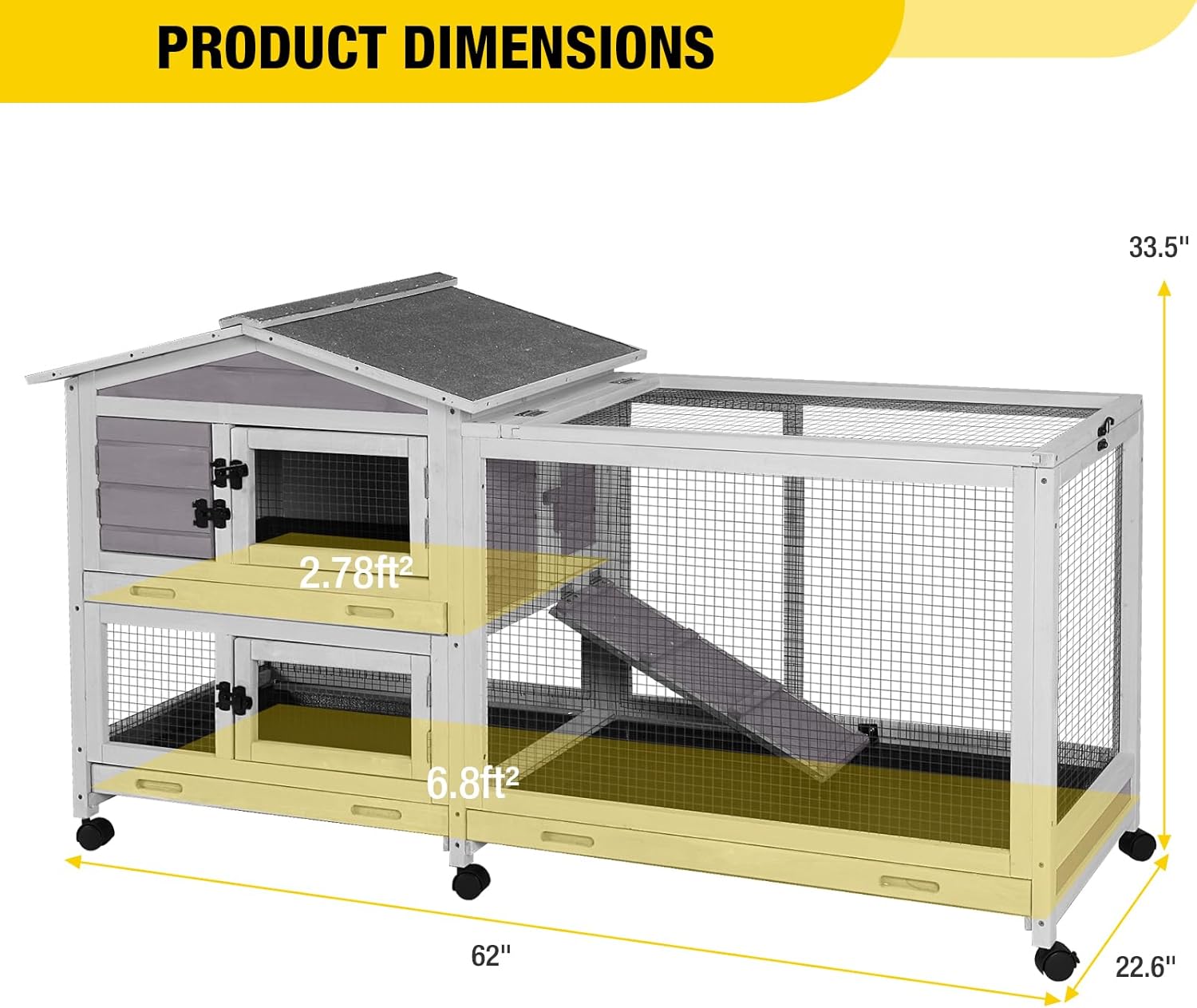 Aivituvin Rabbit Hutch Indoor 2 Story Bunny Cage Outdoor Guinea Pig Cage with Caster Wheels Chicken Coop with Run, 3 Pull Out Tray